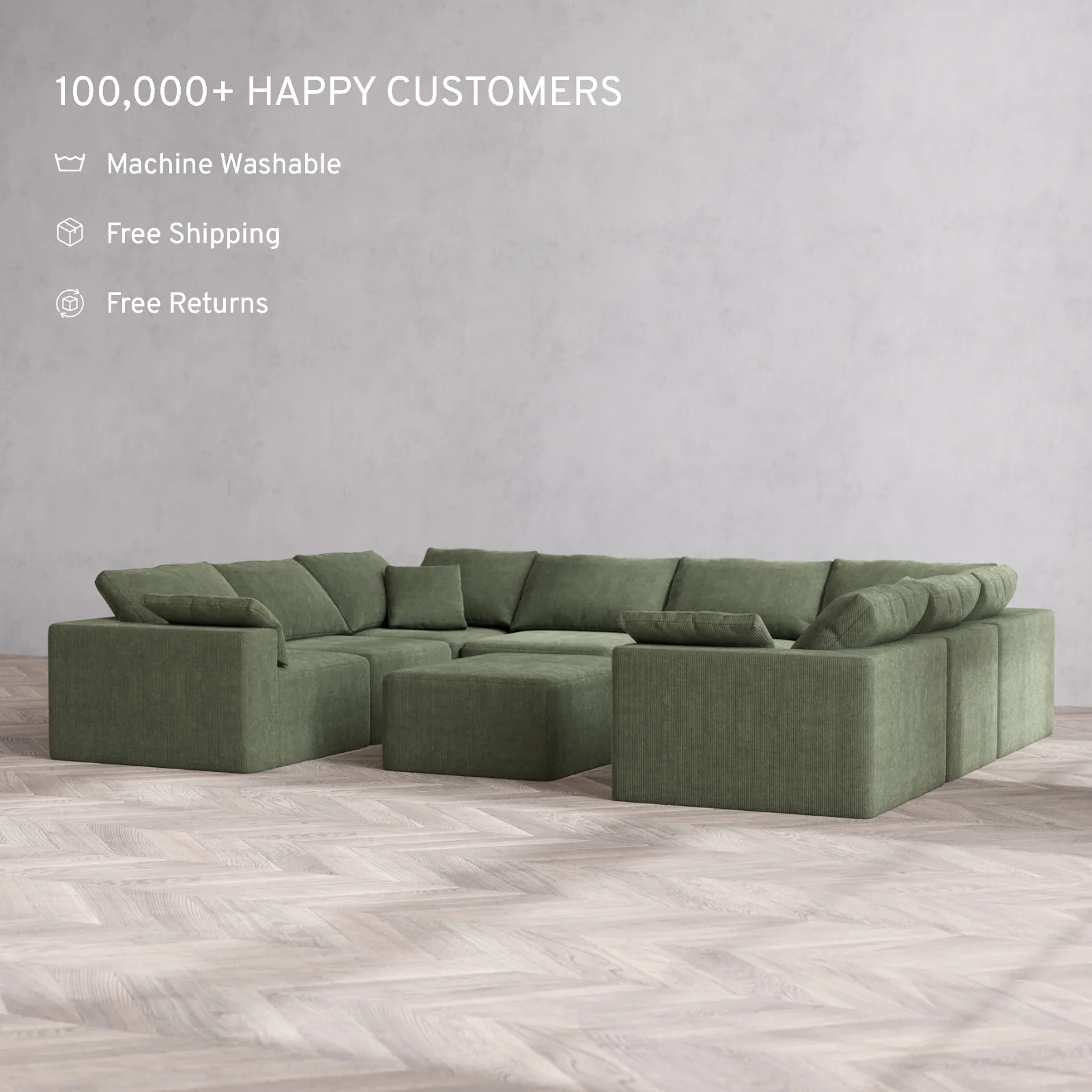 Modular Washable 8-Seater U Sectional + Chaise Ottoman Cloud Sofa | Luxe Corduroy in Juniper - Image 2