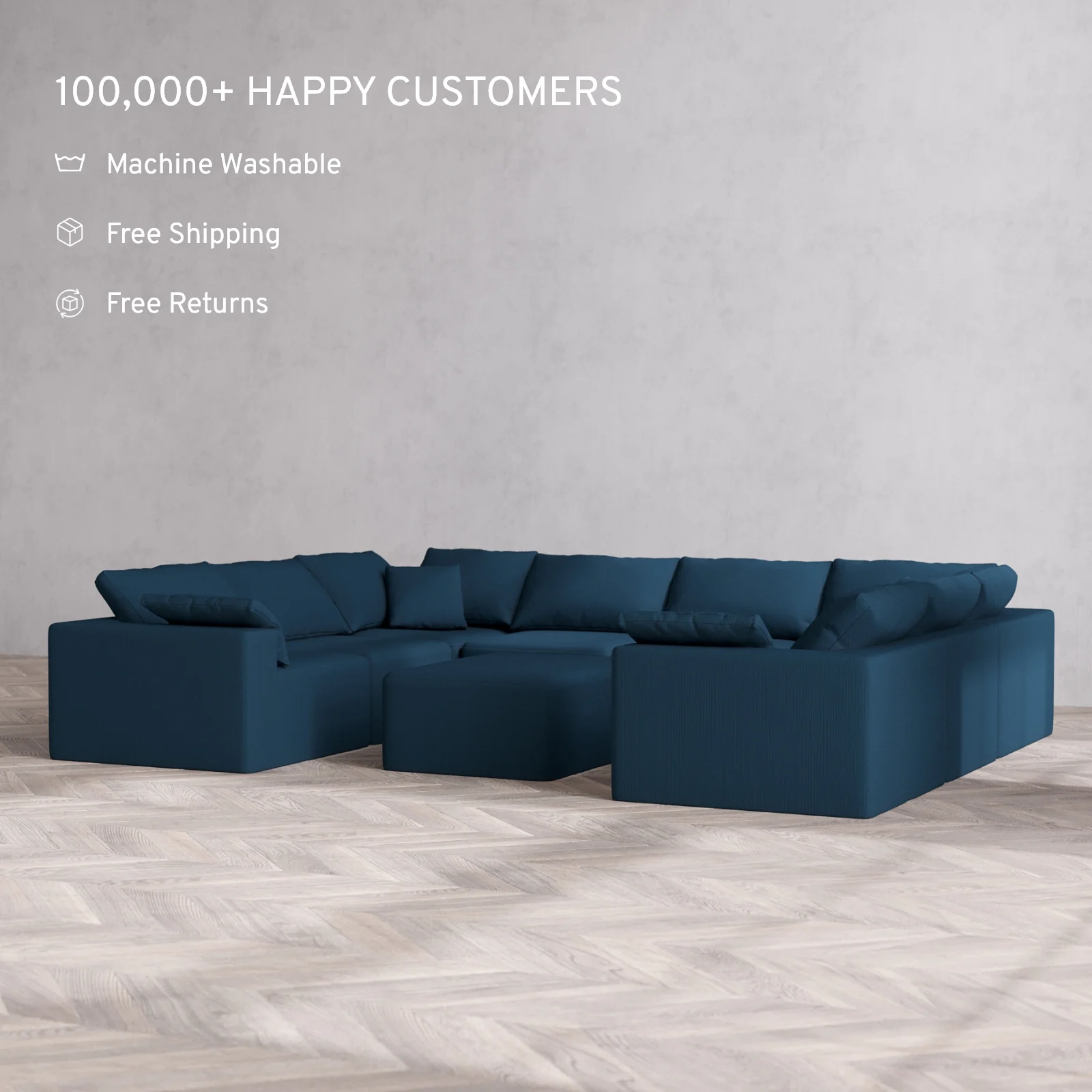 Modular Washable 8-Seater U Sectional + Chaise Ottoman Cloud Sofa | Arden Weave in Lazuli - Image 2