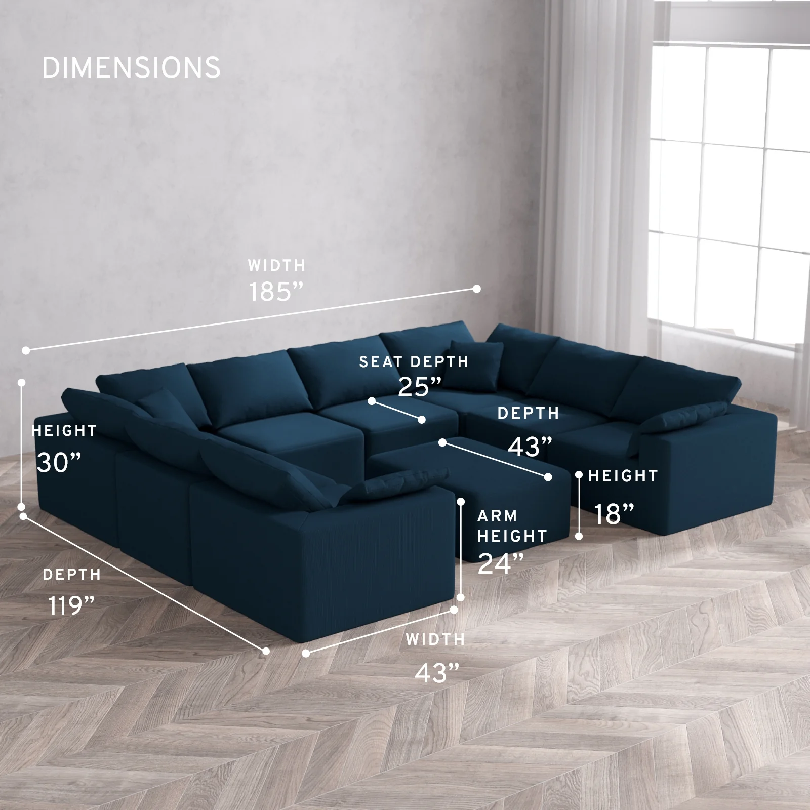 Modular Washable 8-Seater U Sectional + Chaise Ottoman Cloud Sofa | Arden Weave in Lazuli - Image 5