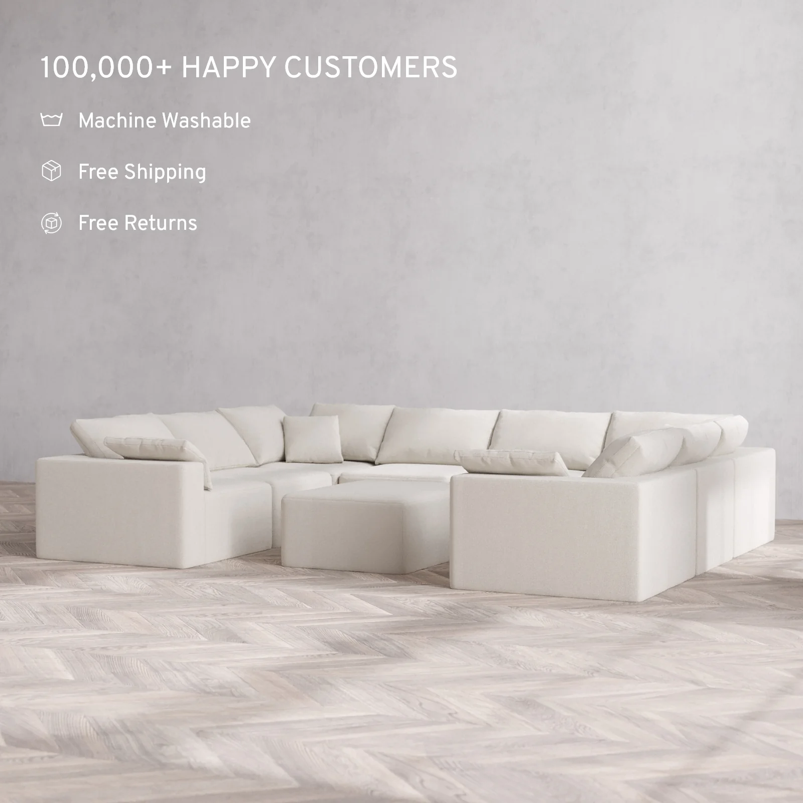 Modular Washable 8-Seater U Sectional + Chaise Ottoman Cloud Sofa | Lux Weave in Pearl - Image 2