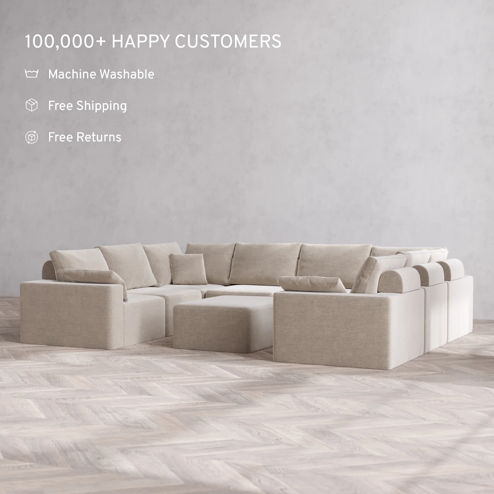 Modular Washable 8-Seater U Sectional + Chaise Ottoman Cloud + Bolster Sofa | Satin Velvet in Caraway - Image 2