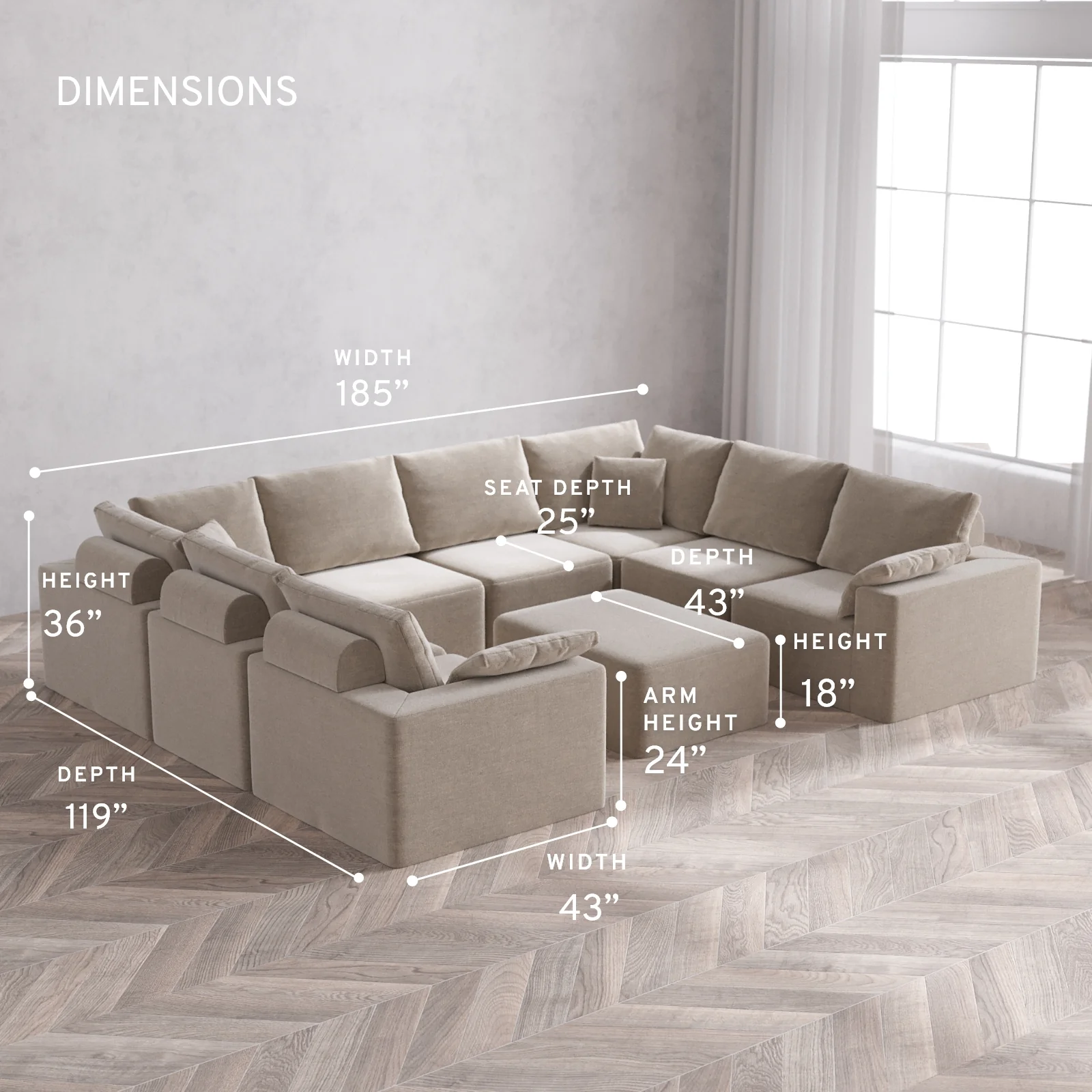 Modular Washable 8-Seater U Sectional + Chaise Ottoman Cloud + Bolster Sofa | Satin Velvet in Caraway - Image 5