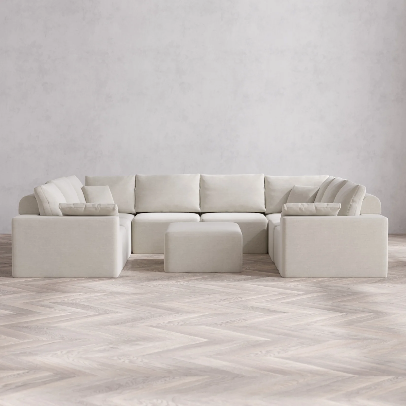 Modular Washable 8-Seater U Sectional + Chaise Ottoman Cloud + Bolster Sofa | Satin Velvet in Cashew