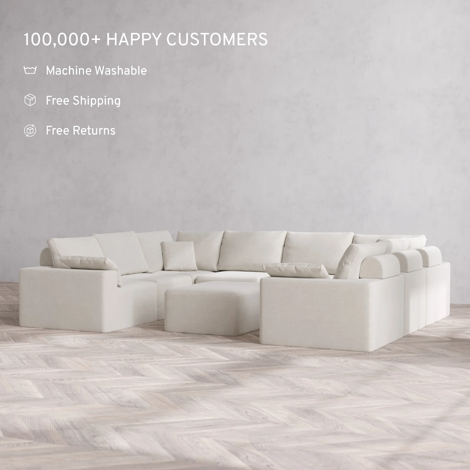 Modular Washable 8-Seater U Sectional + Chaise Ottoman Cloud + Bolster Sofa | Satin Velvet in Cashew - Image 2