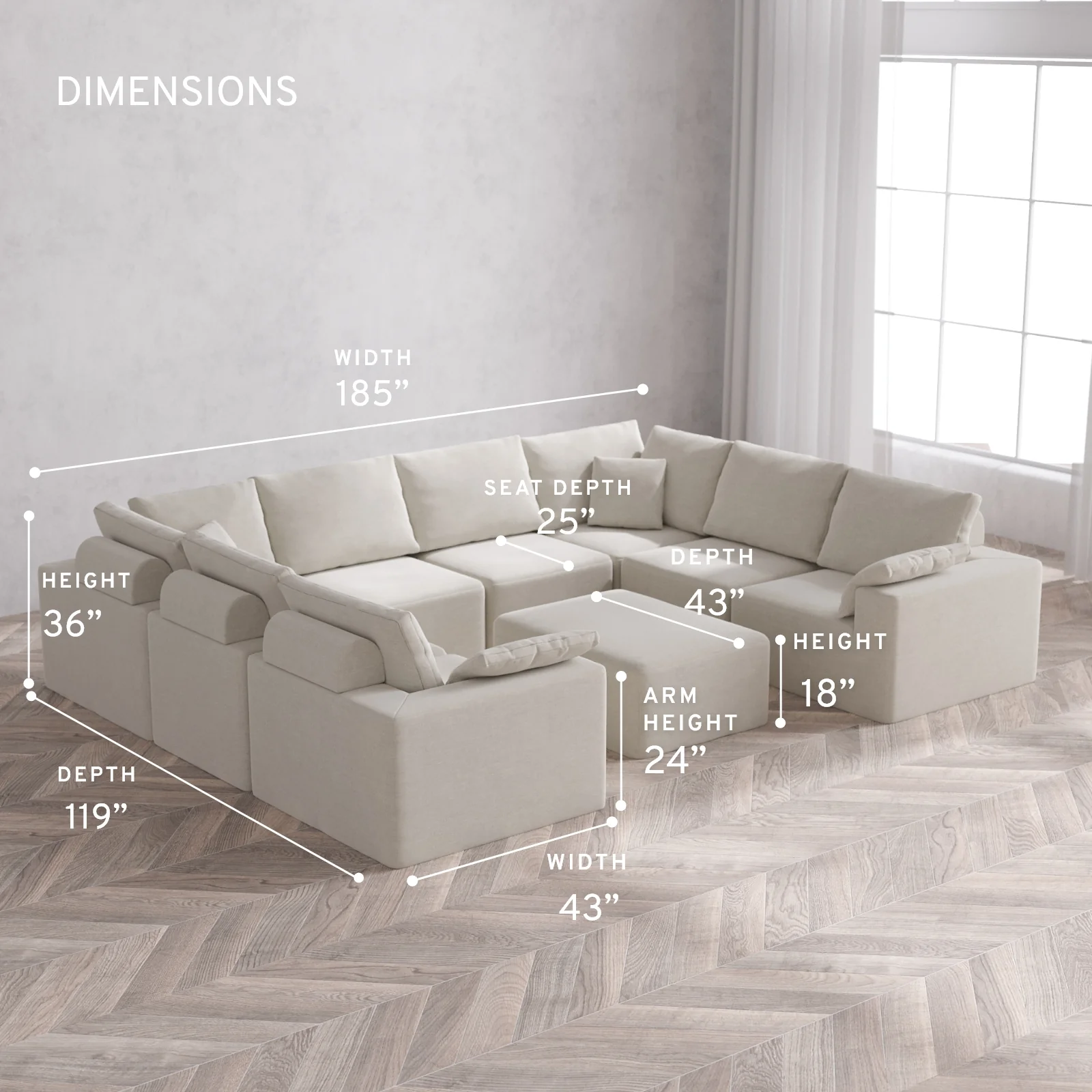 Modular Washable 8-Seater U Sectional + Chaise Ottoman Cloud + Bolster Sofa | Satin Velvet in Cashew - Image 5