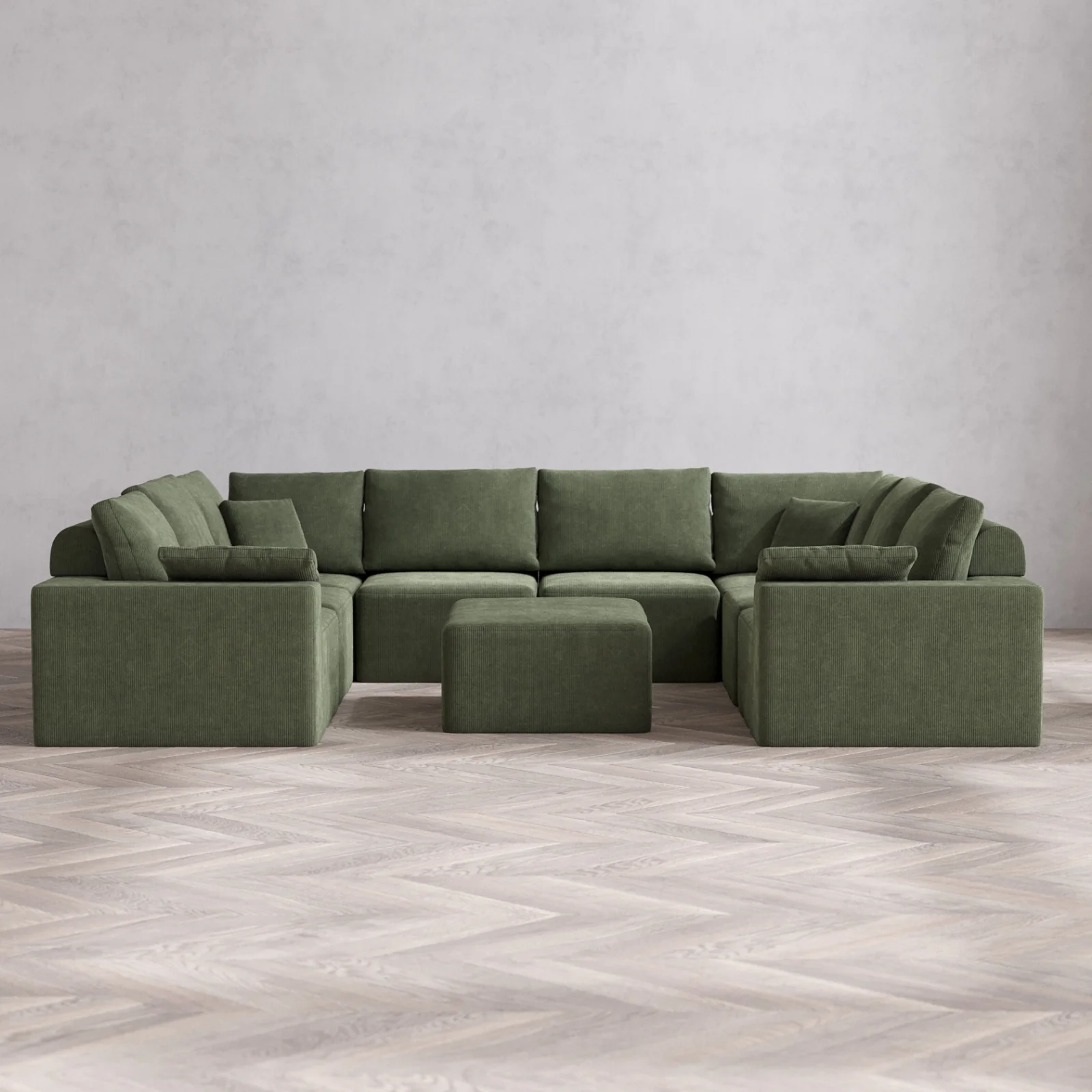 Modular Washable 8-Seater U Sectional + Chaise Ottoman Cloud + Bolster Sofa | Luxe Corduroy in Juniper