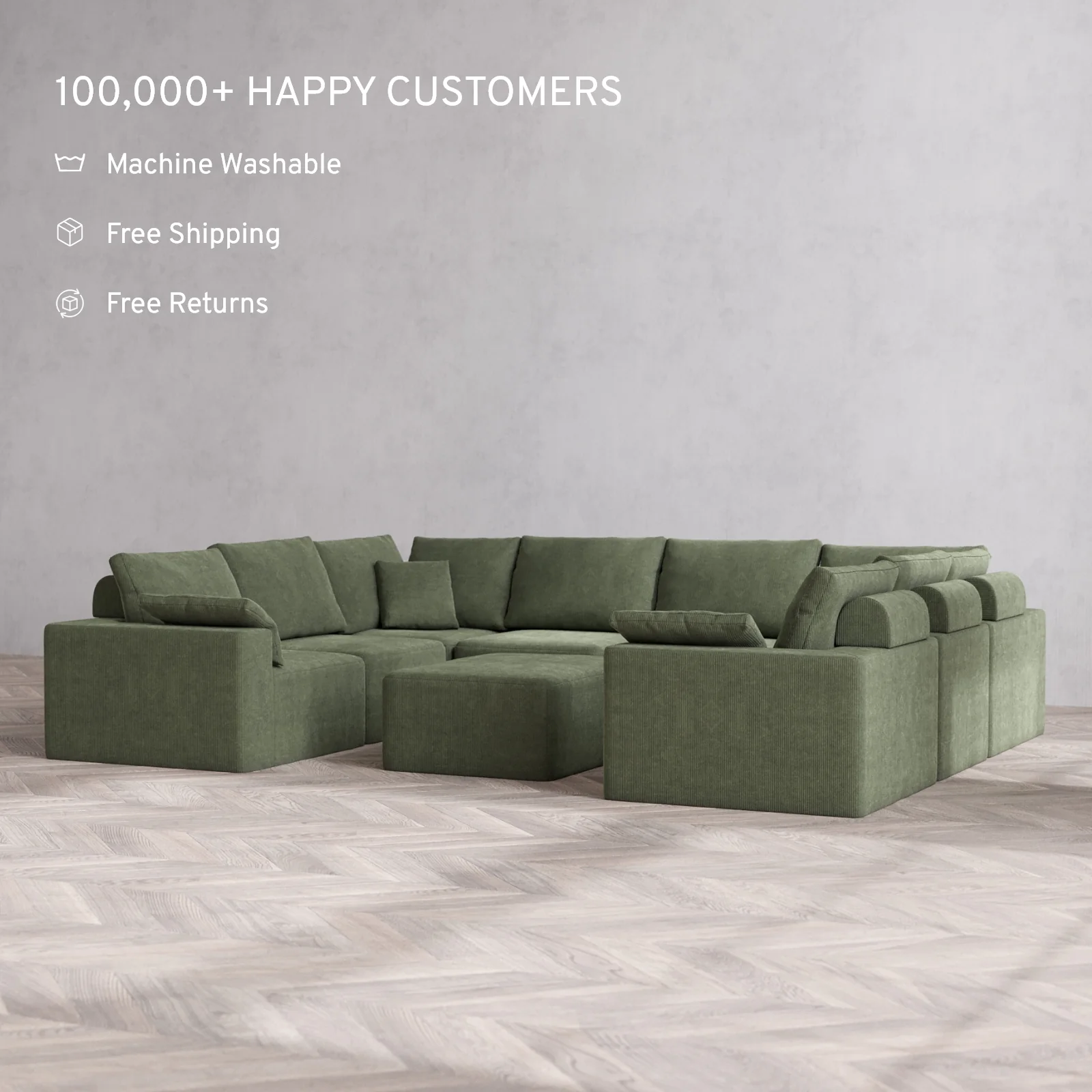 Modular Washable 8-Seater U Sectional + Chaise Ottoman Cloud + Bolster Sofa | Luxe Corduroy in Juniper - Image 2