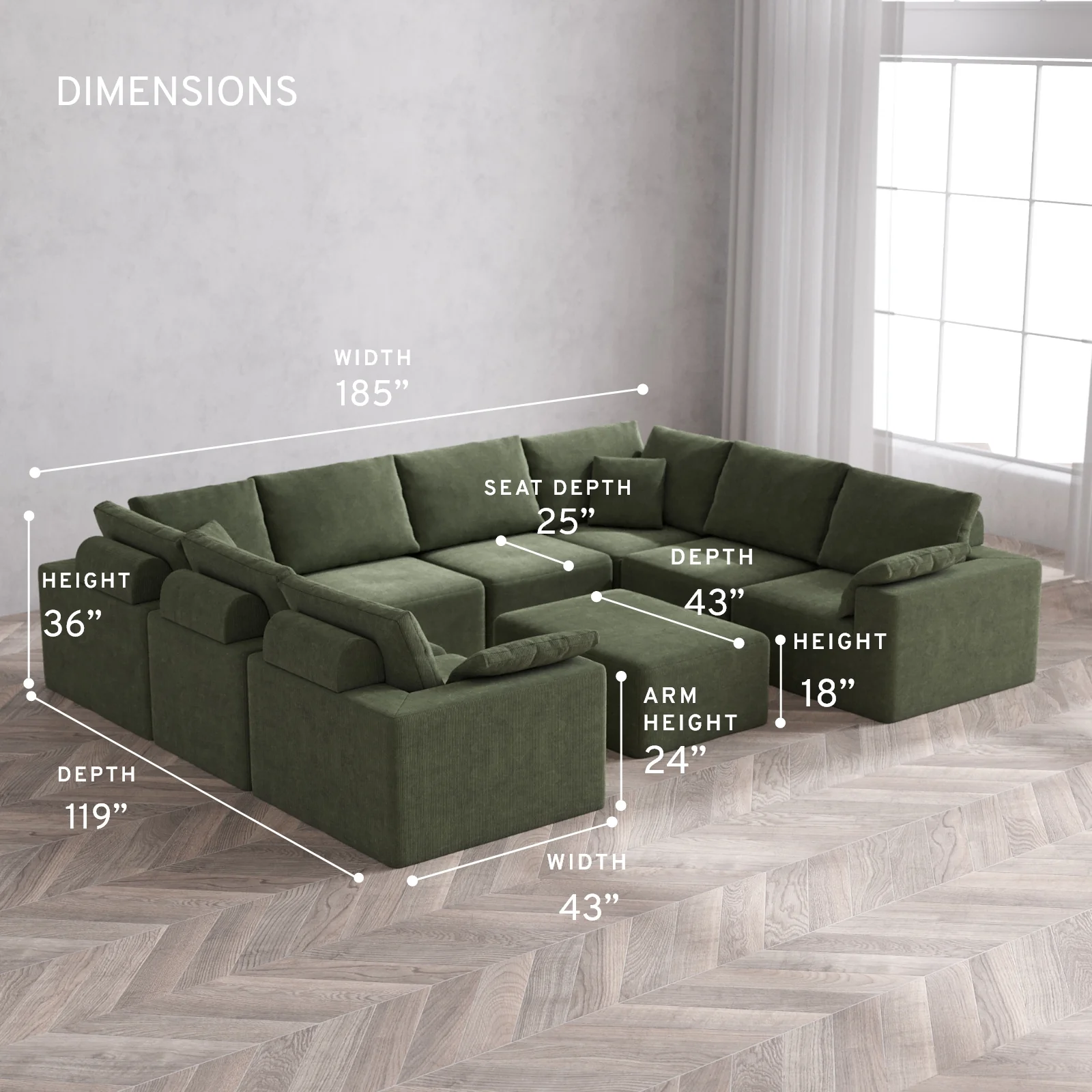 Modular Washable 8-Seater U Sectional + Chaise Ottoman Cloud + Bolster Sofa | Luxe Corduroy in Juniper - Image 5