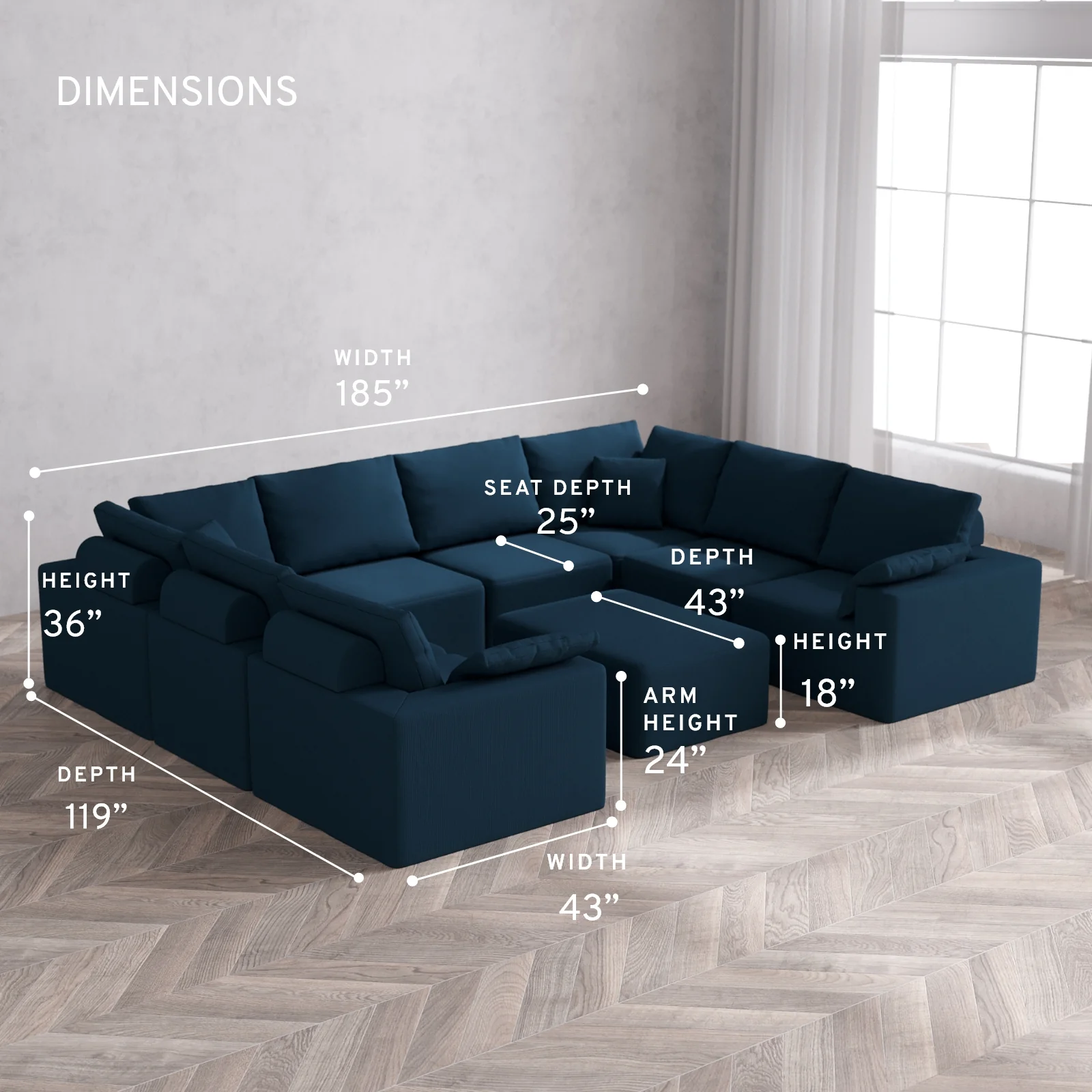 Modular Washable 8-Seater U Sectional + Chaise Ottoman Cloud + Bolster Sofa | Arden Weave in Lazuli - Image 5