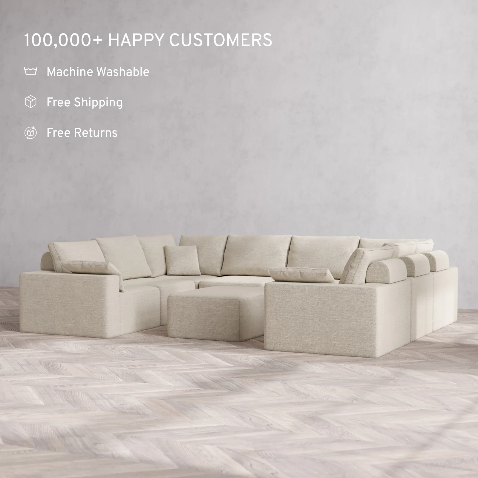Modular Washable 8-Seater U Sectional + Chaise Ottoman Cloud + Bolster Sofa | Plush Twill in Sandstone - Image 2