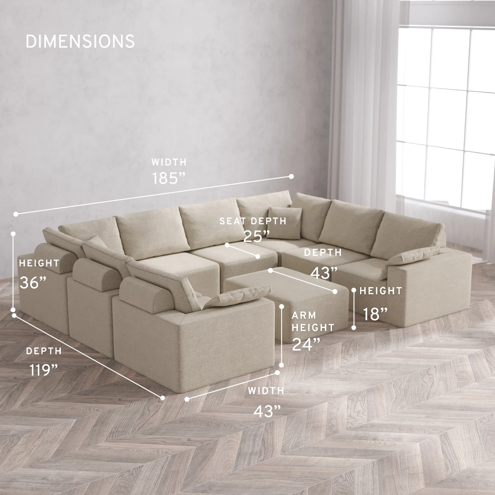 Modular Washable 8-Seater U Sectional + Chaise Ottoman Cloud + Bolster Sofa | Plush Twill in Sandstone - Image 5