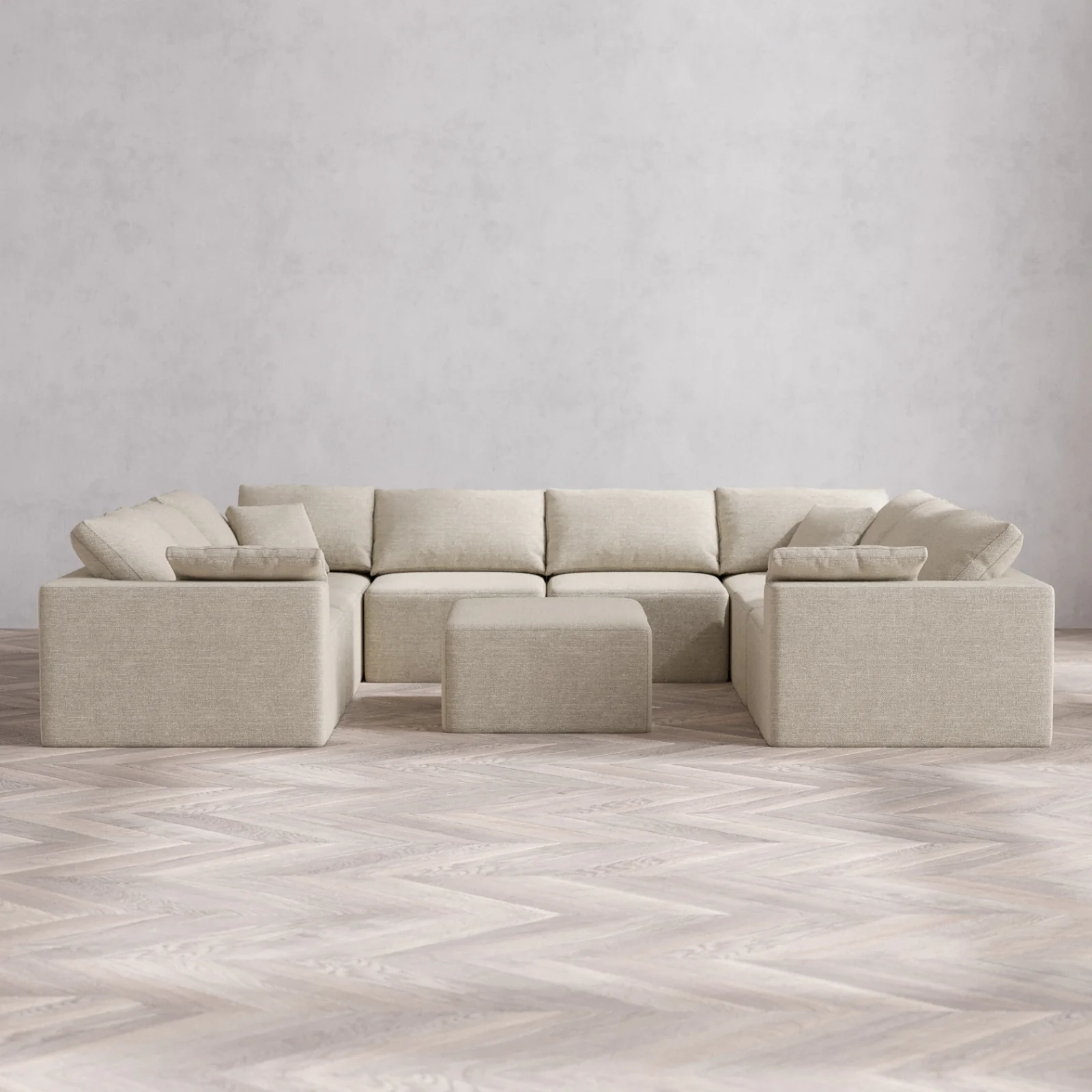 Modular Washable 8-Seater U Sectional + Chaise Ottoman Cloud Sofa | Plush Twill in Sandstone