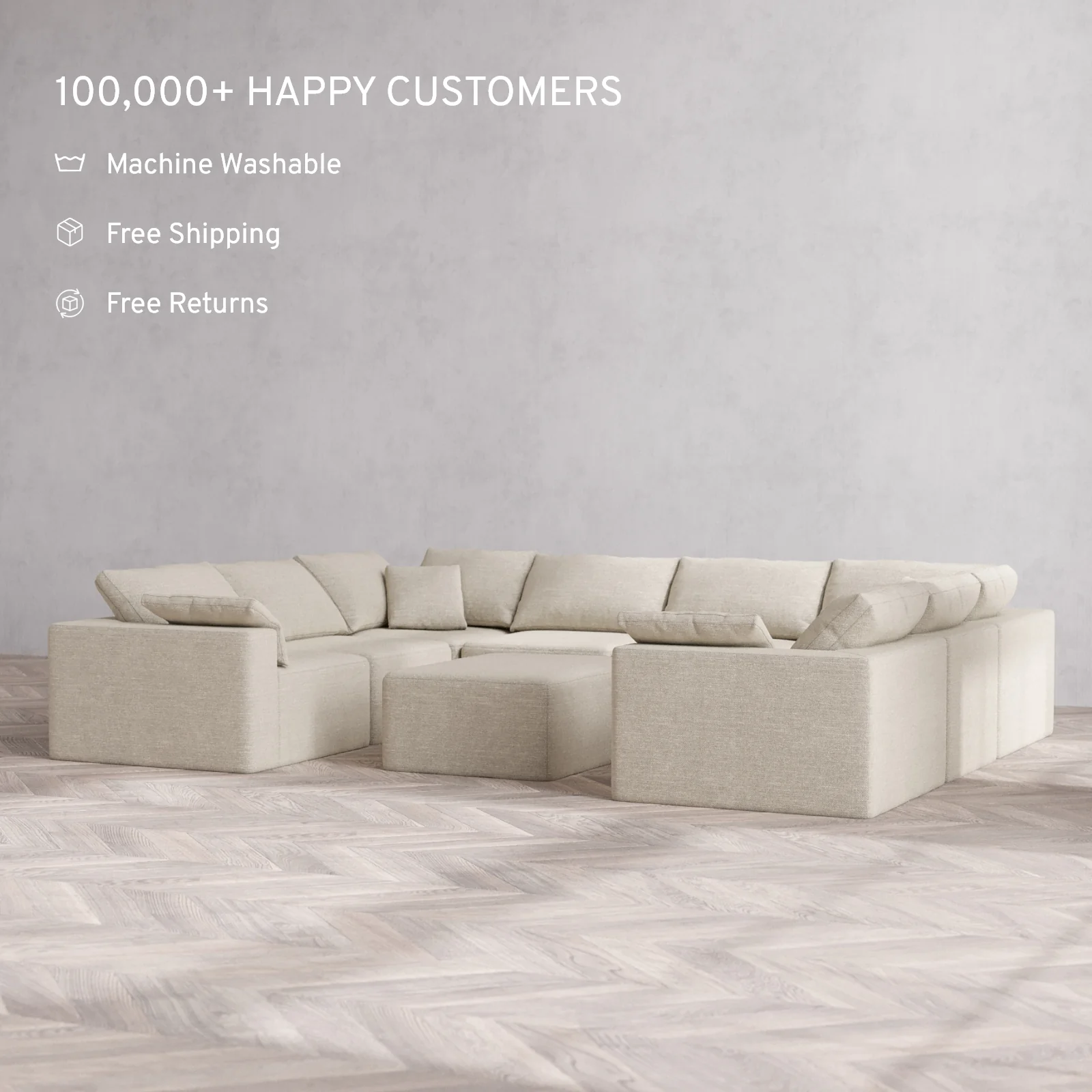 Modular Washable 8-Seater U Sectional + Chaise Ottoman Cloud Sofa | Plush Twill in Sandstone - Image 2