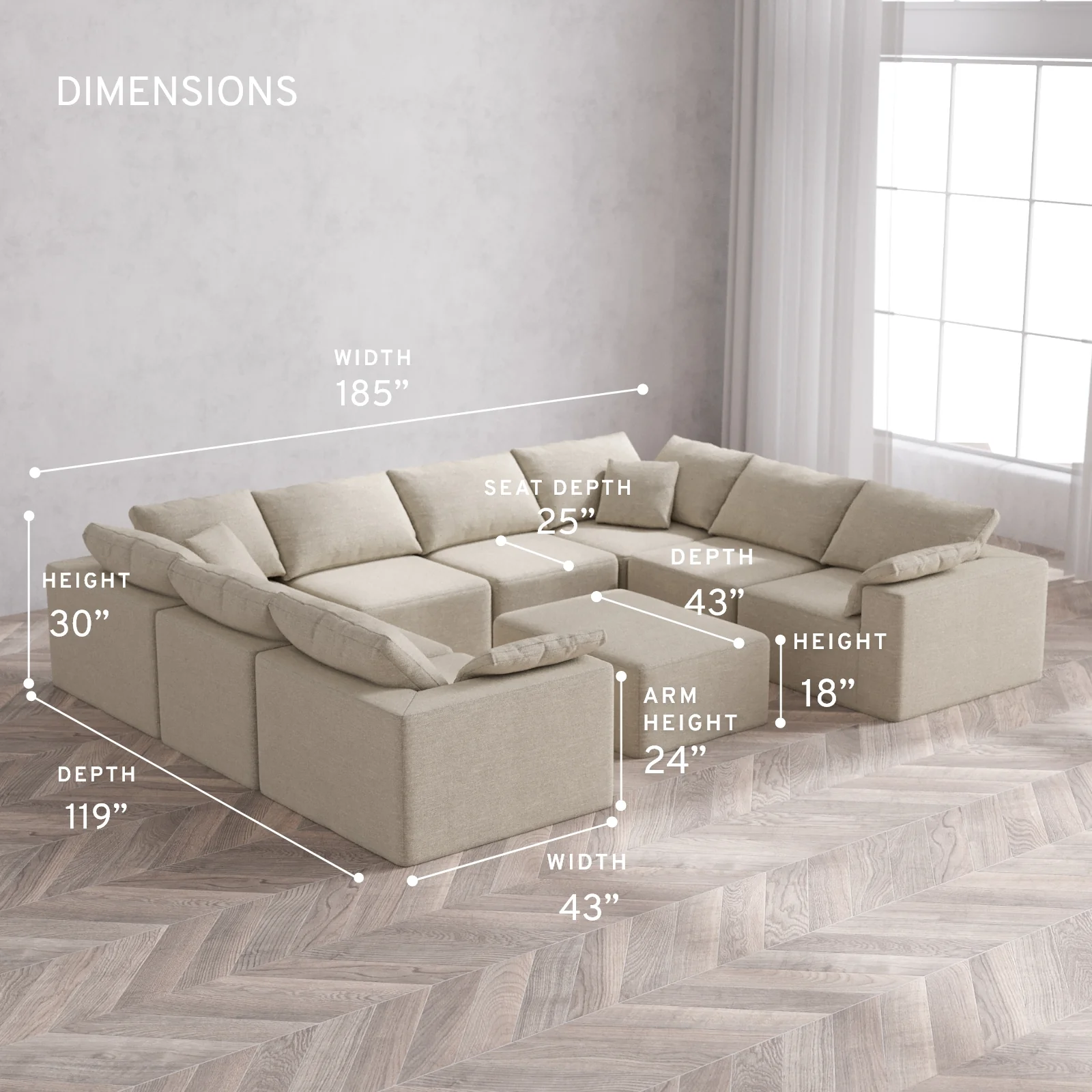 Modular Washable 8-Seater U Sectional + Chaise Ottoman Cloud Sofa | Plush Twill in Sandstone - Image 5