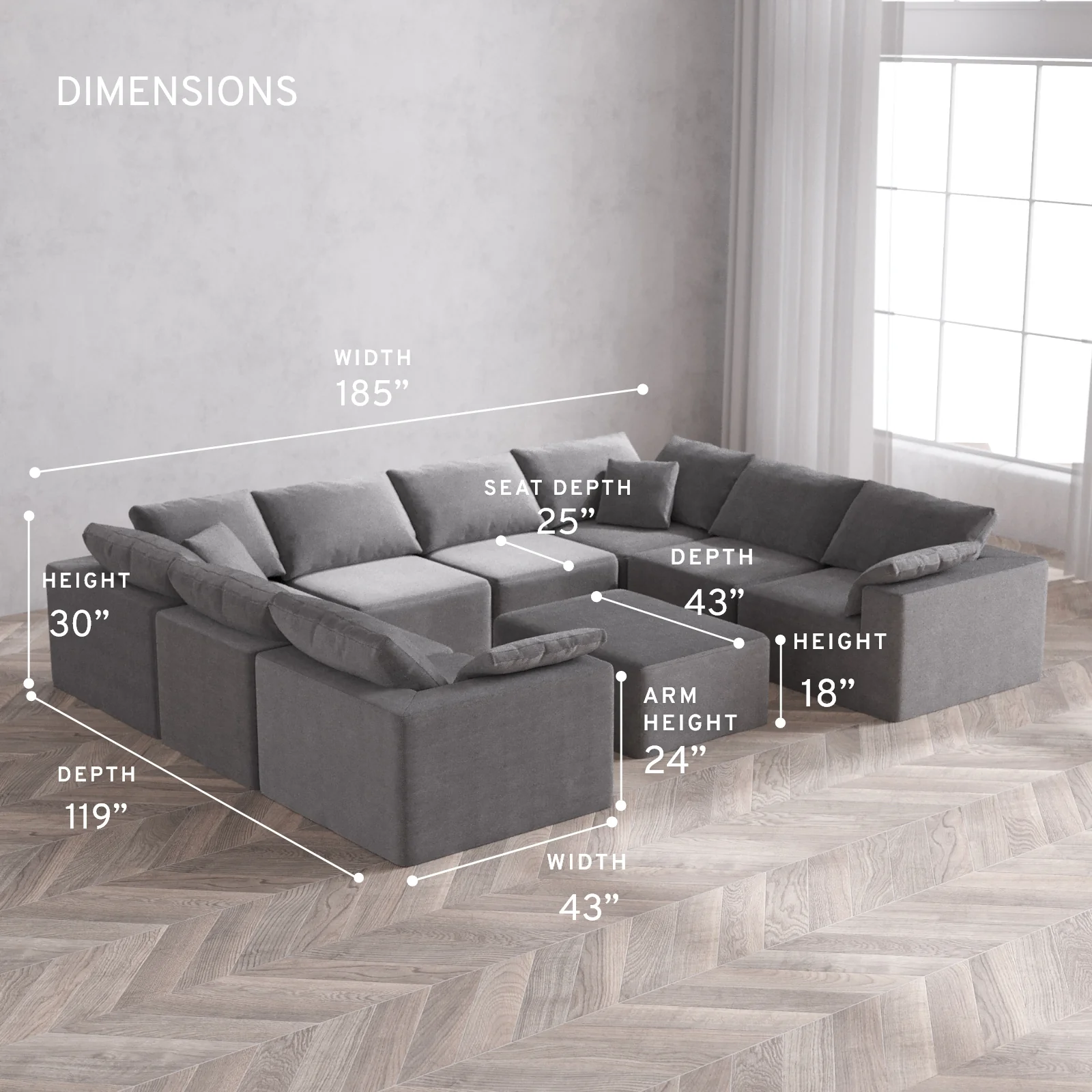 Modular Washable 8-Seater U Sectional + Chaise Ottoman Cloud Sofa | Lux Weave in Slate - Image 5
