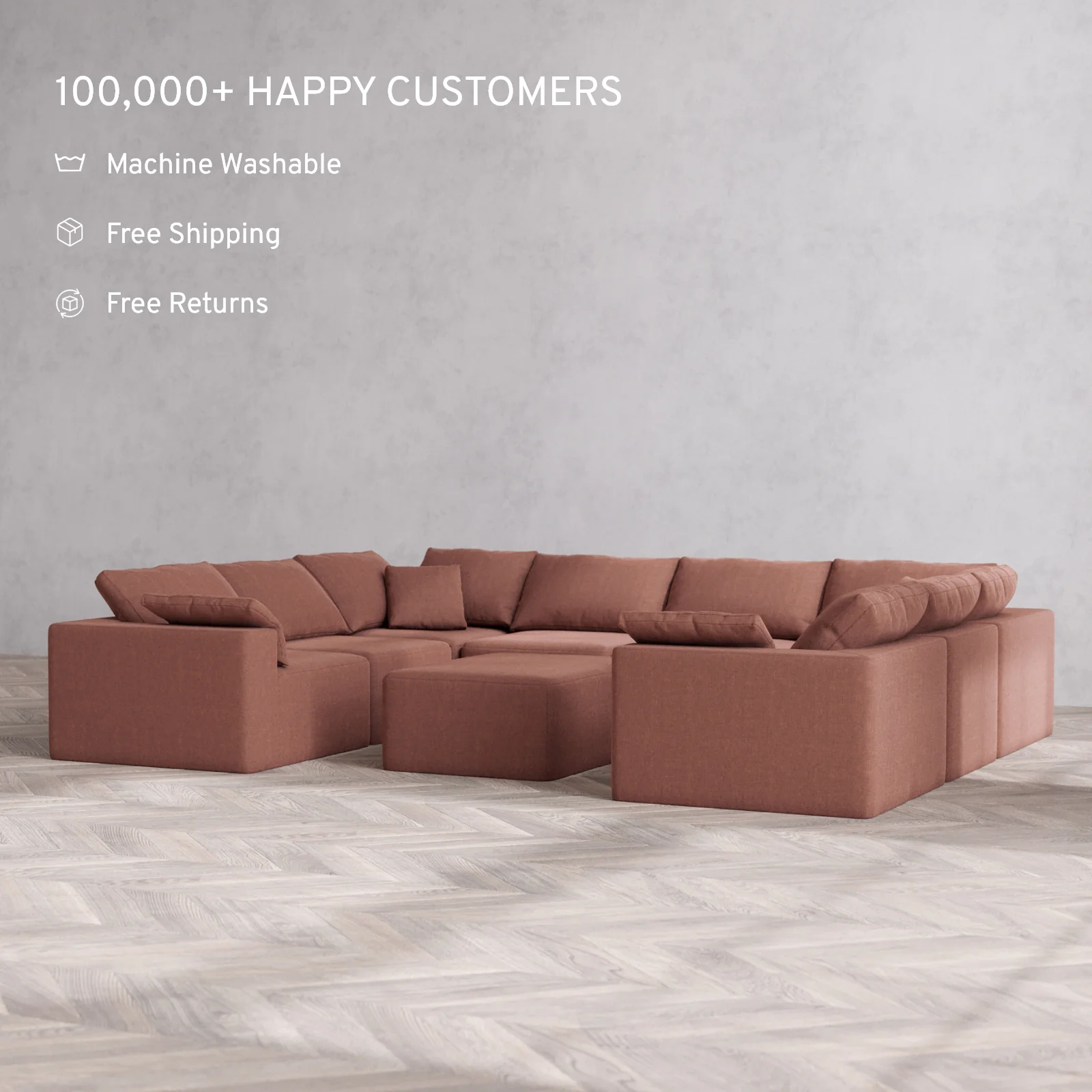 Modular Washable 8-Seater U Sectional + Chaise Ottoman Cloud Sofa | Heirloom Velvet in Sumac - Image 2