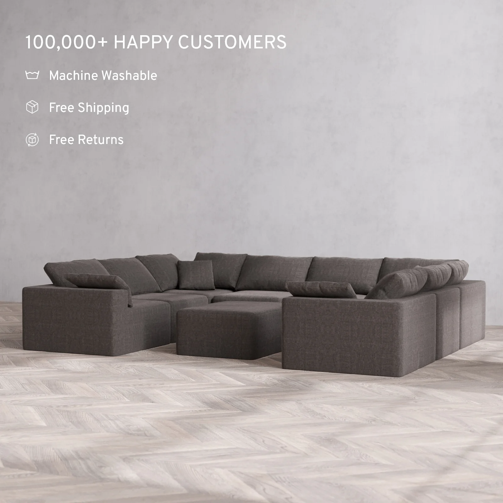 Modular Washable 8-Seater U Sectional + Chaise Ottoman Cloud Sofa | Heirloom Velvet in Truffle - Image 2