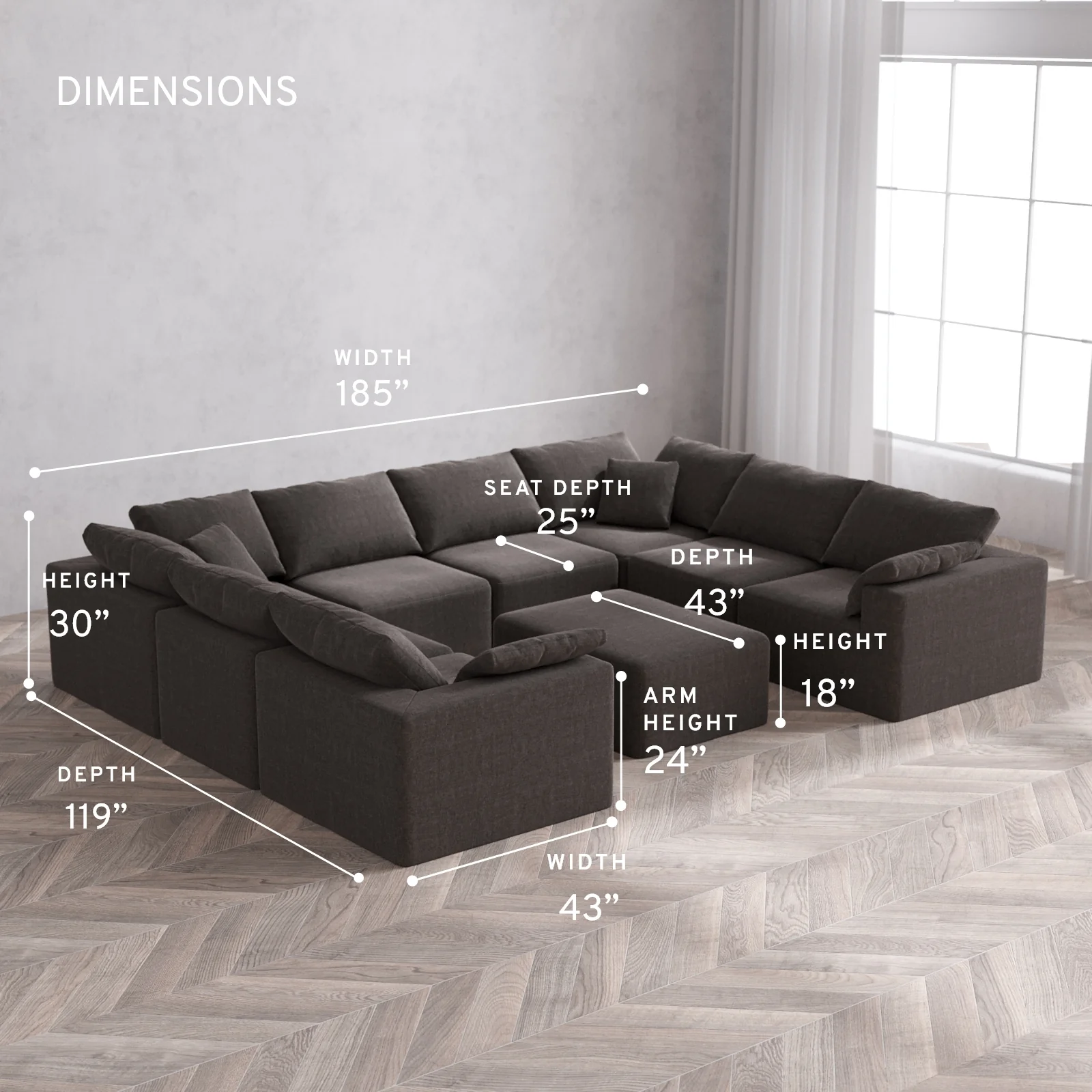 Modular Washable 8-Seater U Sectional + Chaise Ottoman Cloud Sofa | Heirloom Velvet in Truffle - Image 5