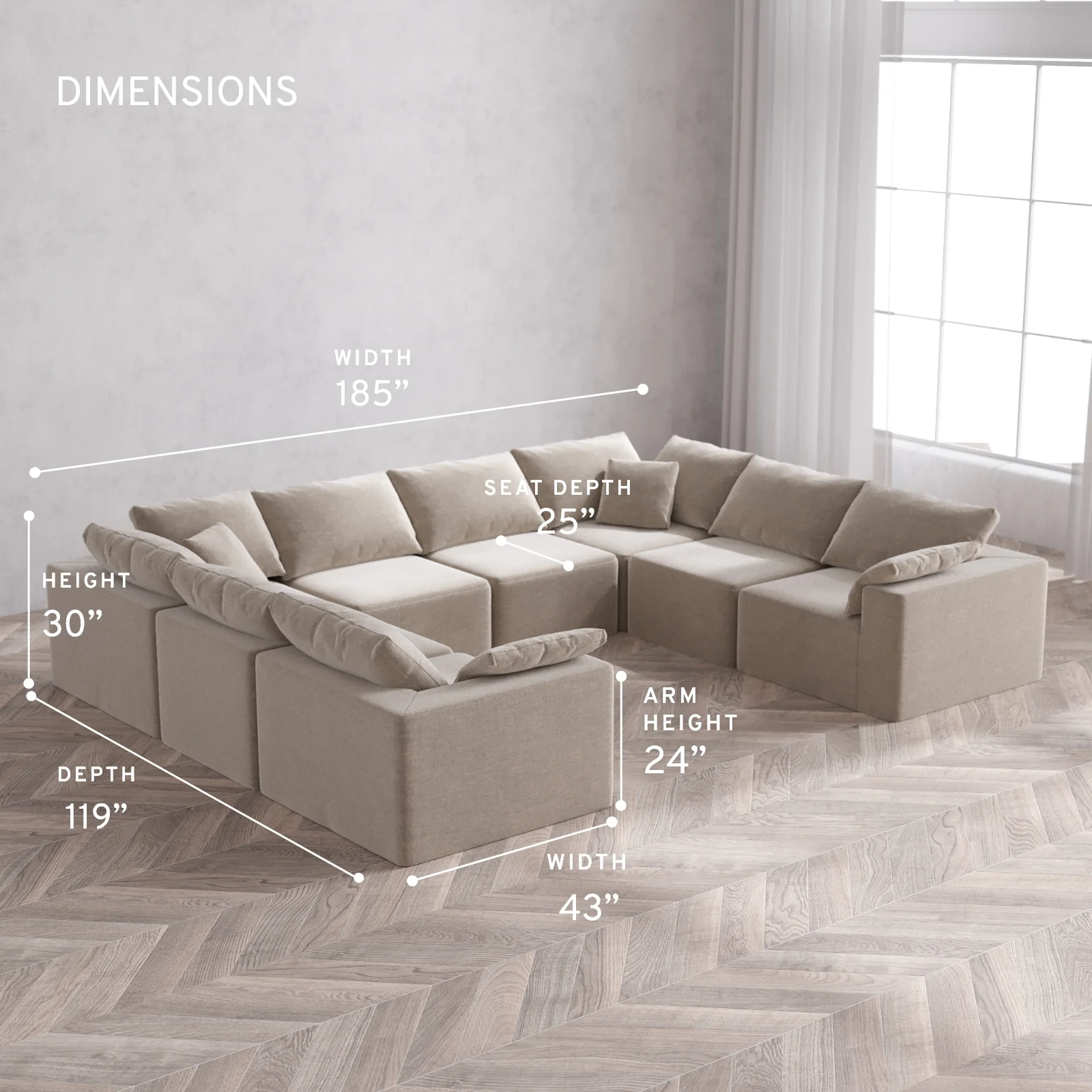 Modular Washable 8-Seater U Sectional Cloud Sofa | Satin Velvet in Caraway - Image 5