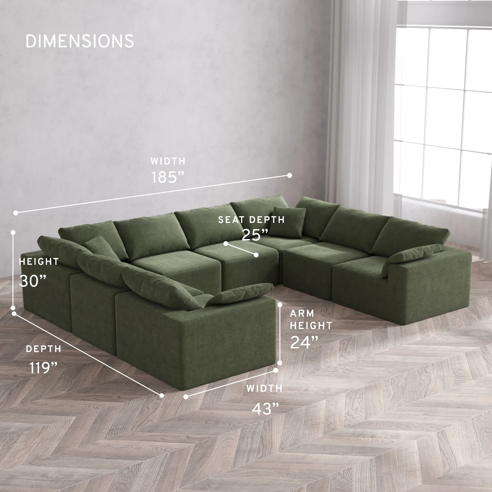 Modular Washable 8-Seater U Sectional Cloud Sofa | Luxe Corduroy in Juniper - Image 5