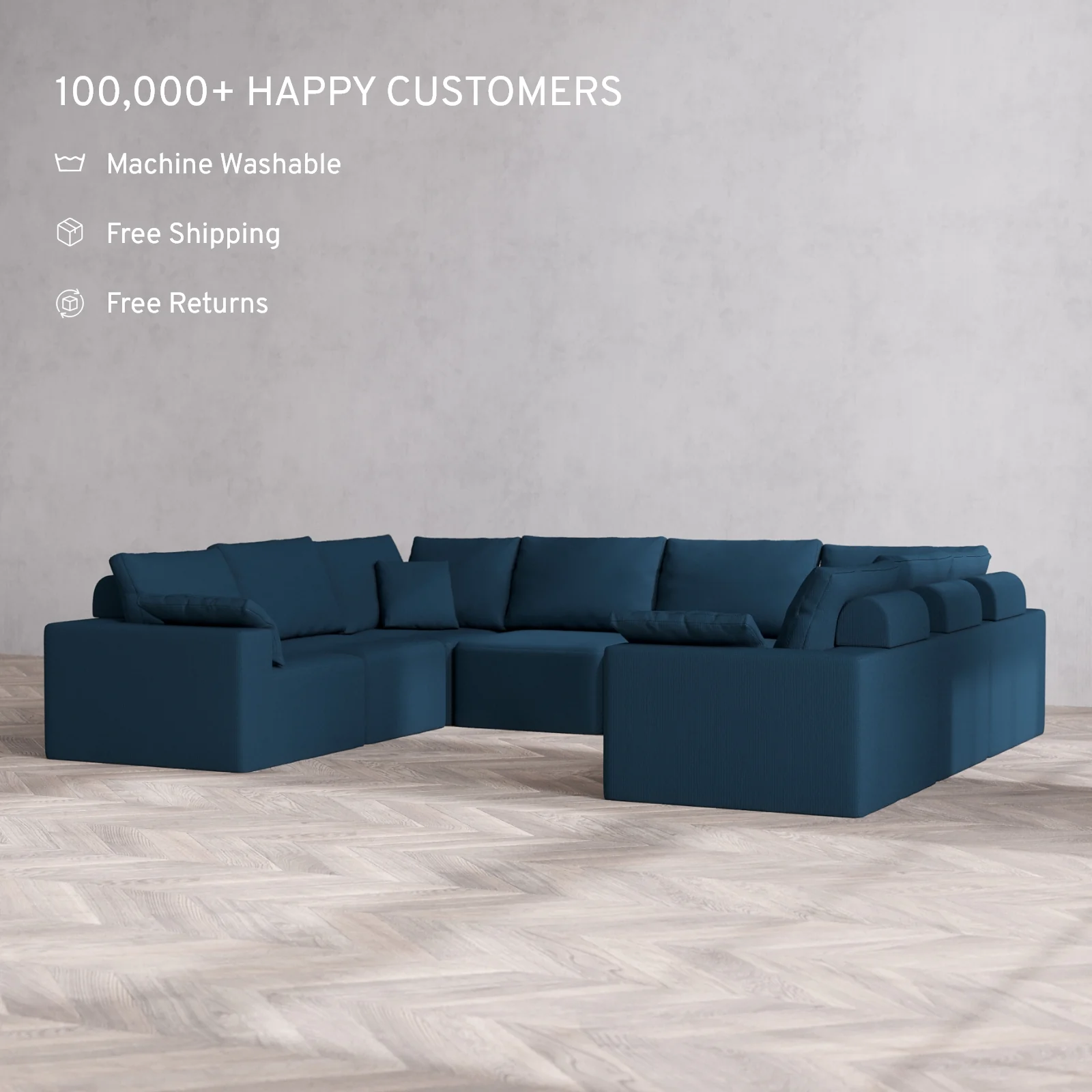 Modular Washable 8-Seater U Sectional Cloud + Bolster Sofa | Arden Weave in Lazuli - Image 2