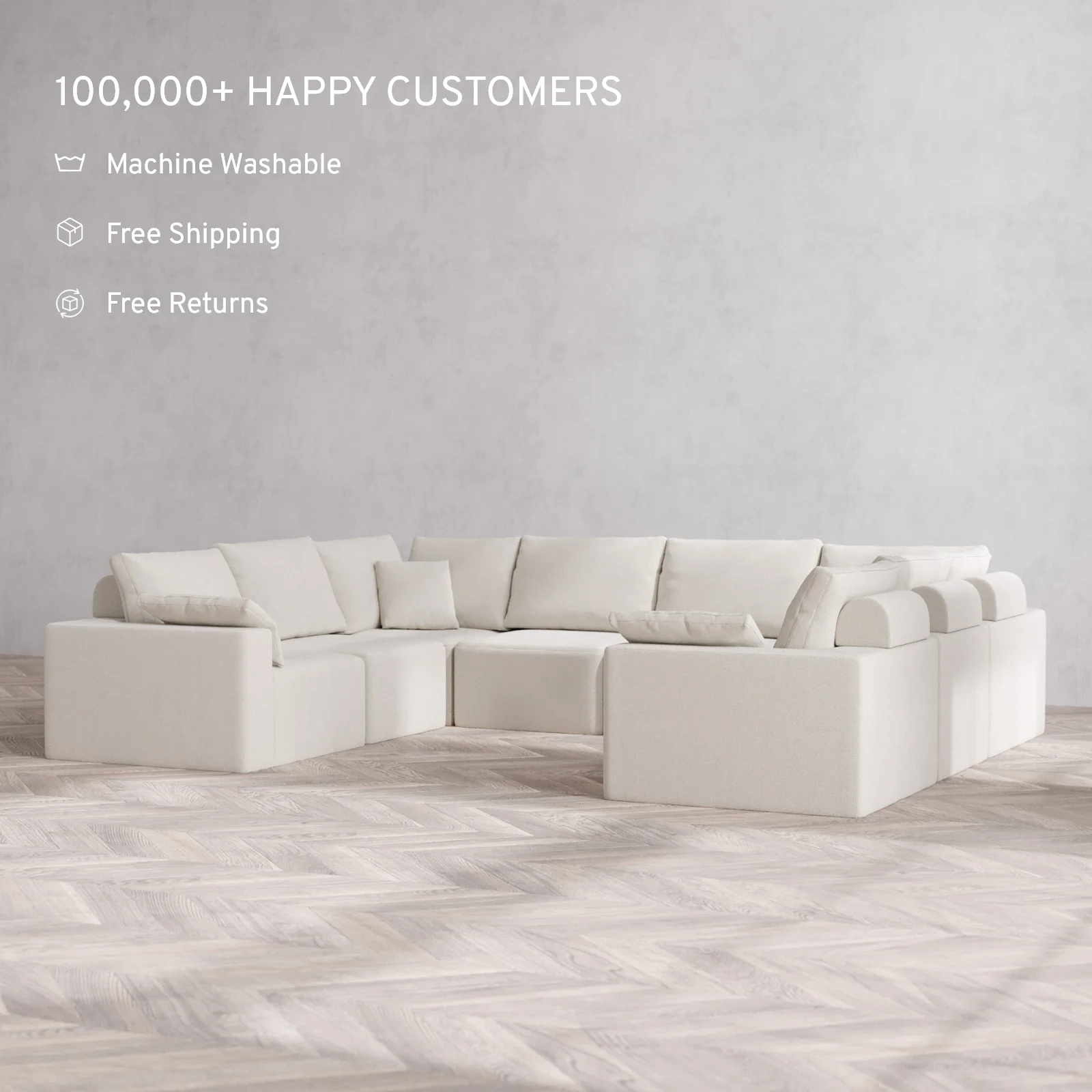 Modular Washable 8-Seater U Sectional Cloud + Bolster Sofa | Lux Weave in Pearl - Image 2