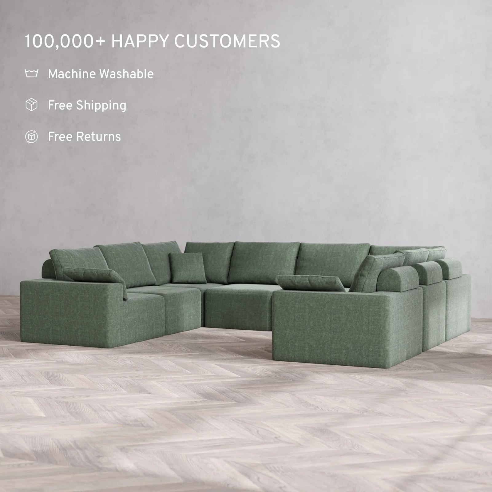 Modular Washable 8-Seater U Sectional Cloud + Bolster Sofa | Heirloom Velvet in Sage - Image 2