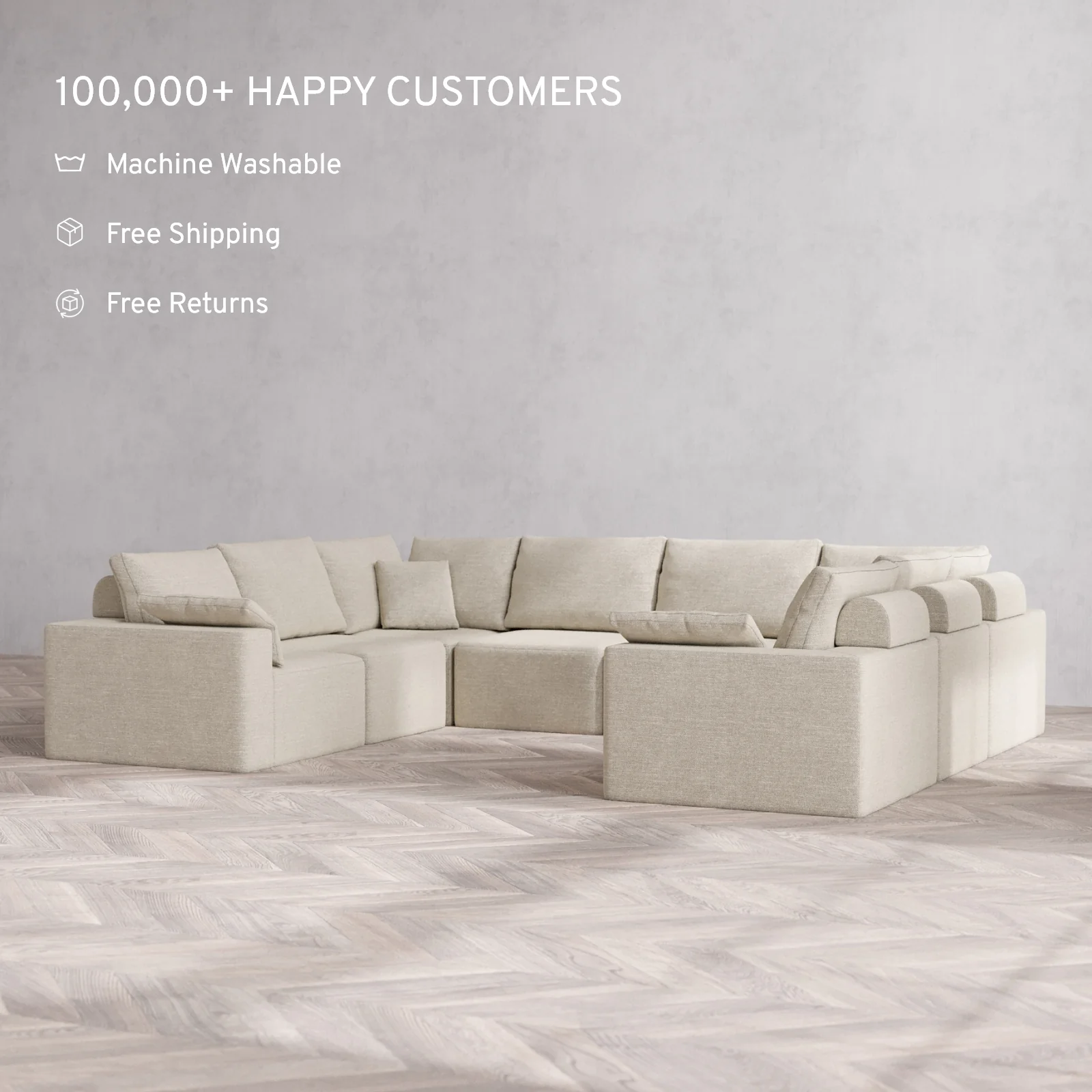 Modular Washable 8-Seater U Sectional Cloud + Bolster Sofa | Plush Twill in Sandstone - Image 2