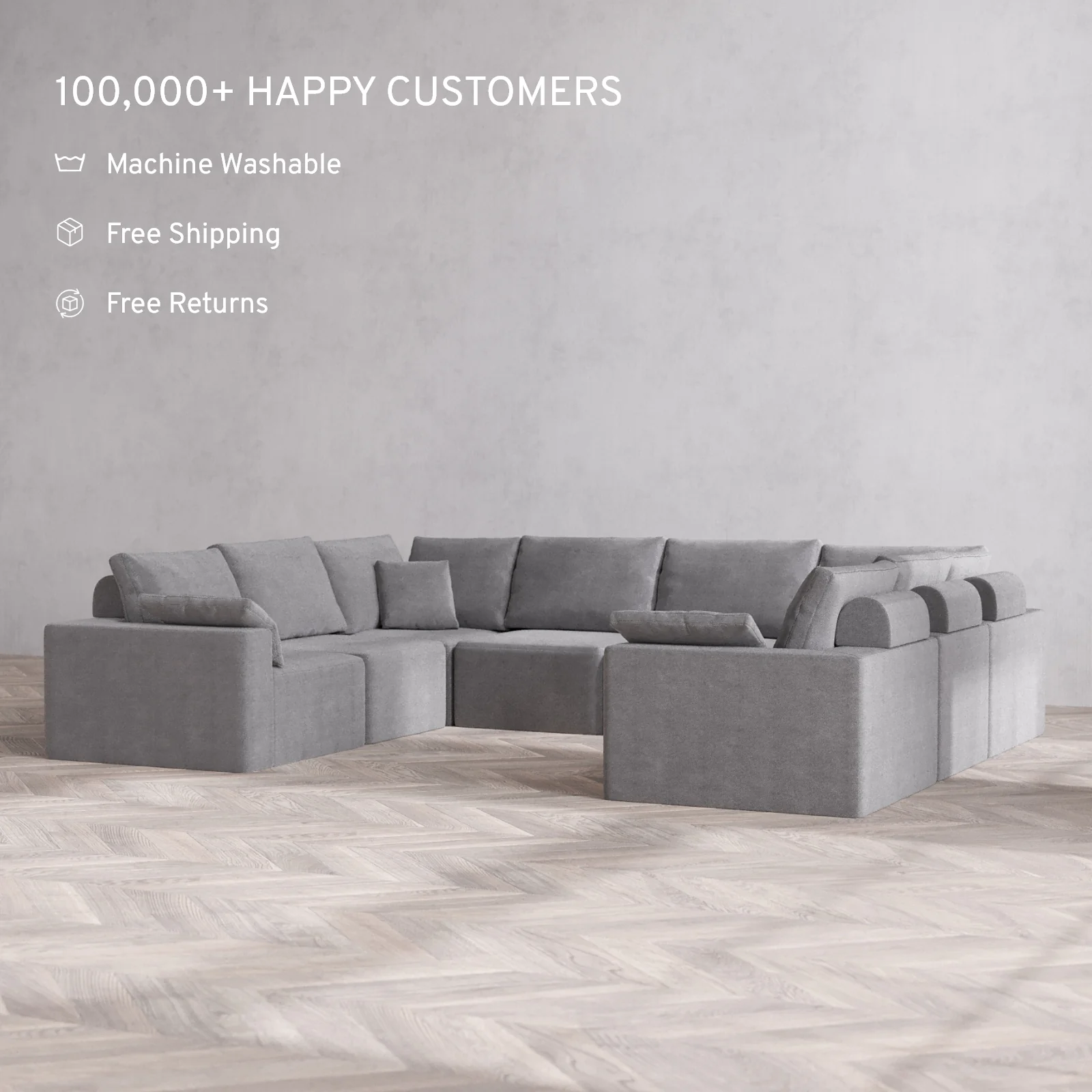 Modular Washable 8-Seater U Sectional Cloud + Bolster Sofa | Lux Weave in Slate - Image 2