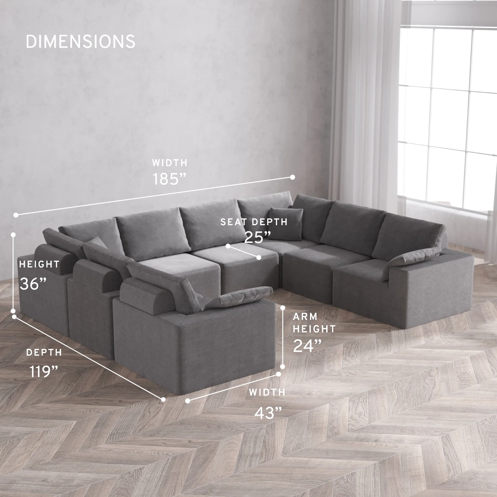 Modular Washable 8-Seater U Sectional Cloud + Bolster Sofa | Lux Weave in Slate - Image 5