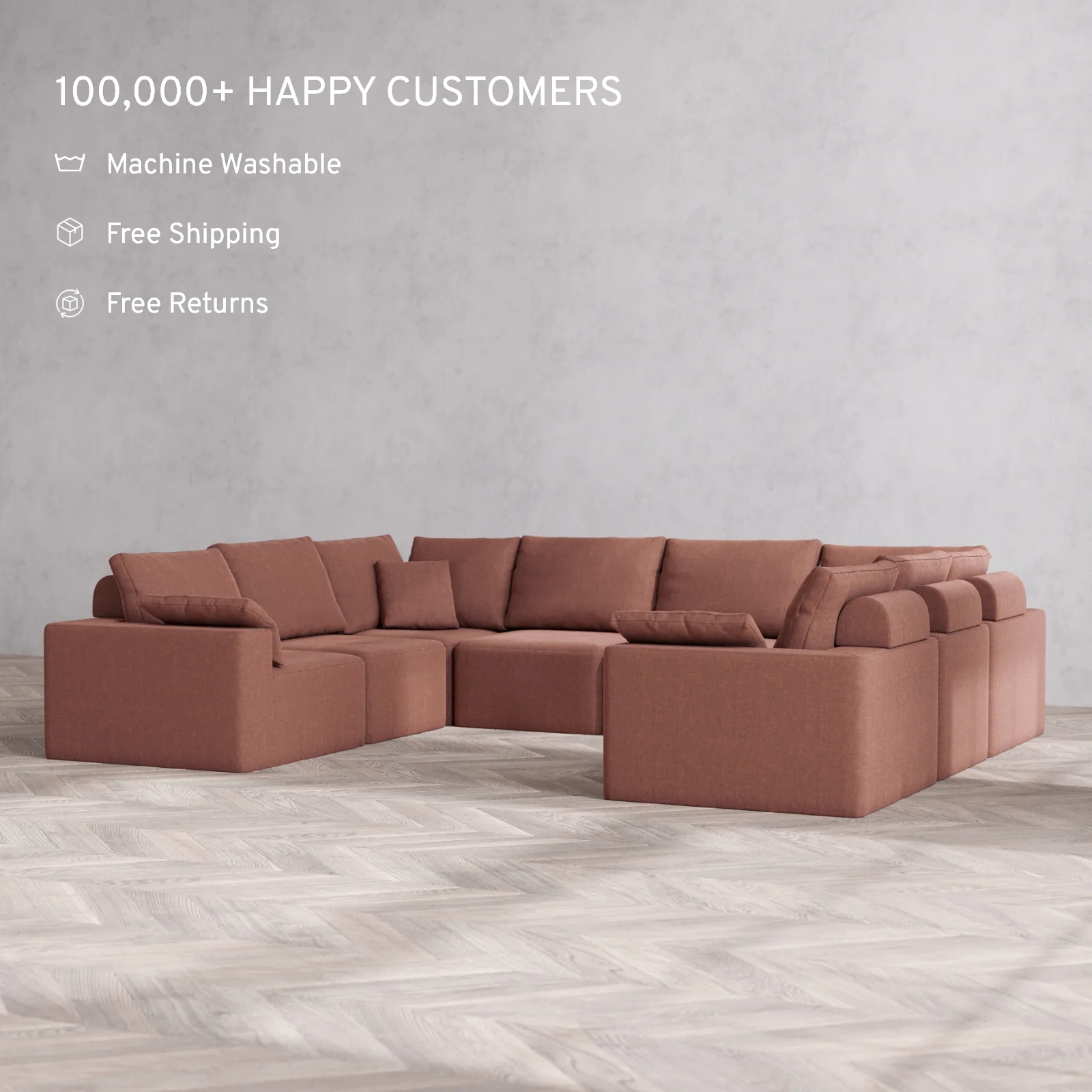 Modular Washable 8-Seater U Sectional Cloud + Bolster Sofa | Heirloom Velvet in Sumac - Image 2