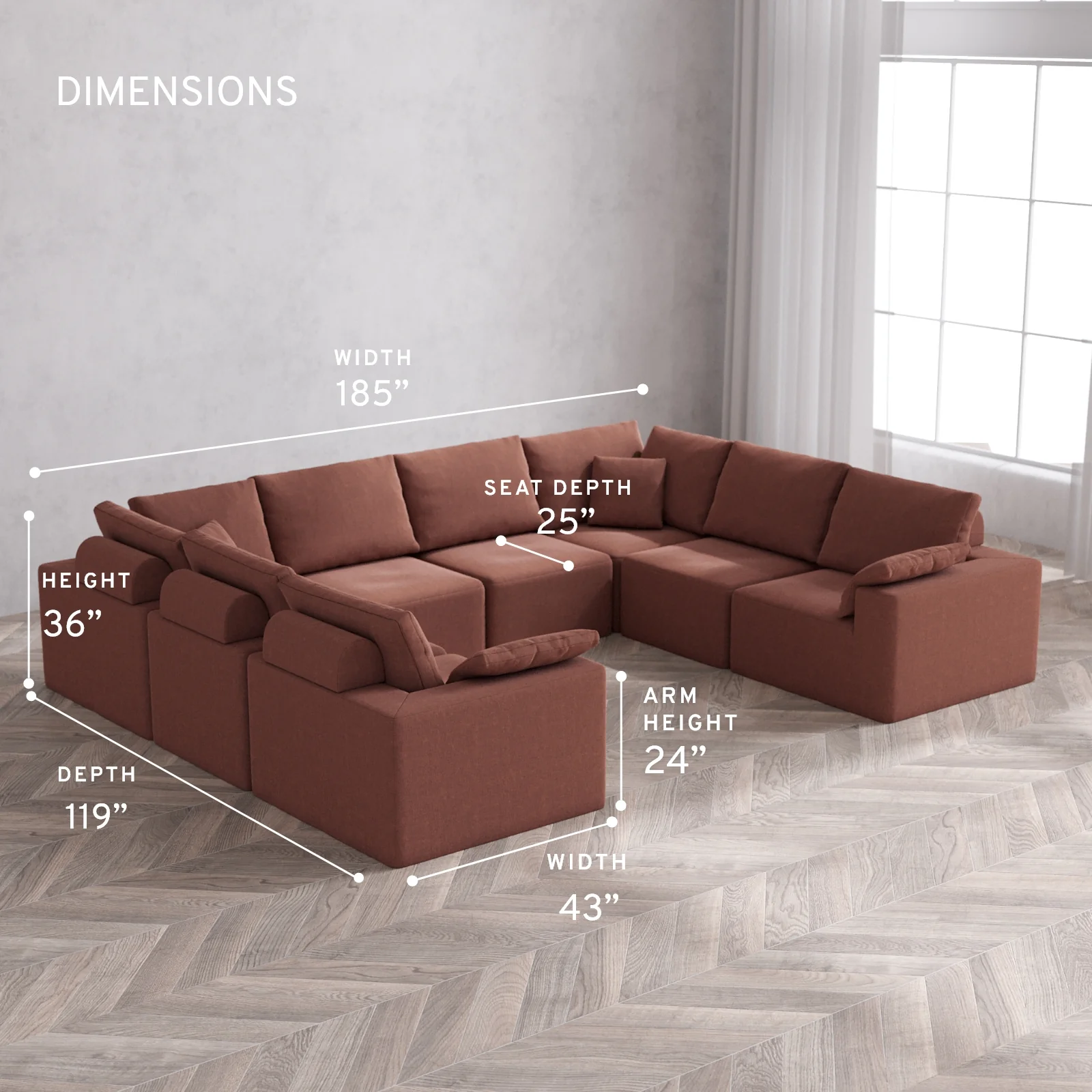 Modular Washable 8-Seater U Sectional Cloud + Bolster Sofa | Heirloom Velvet in Sumac - Image 5