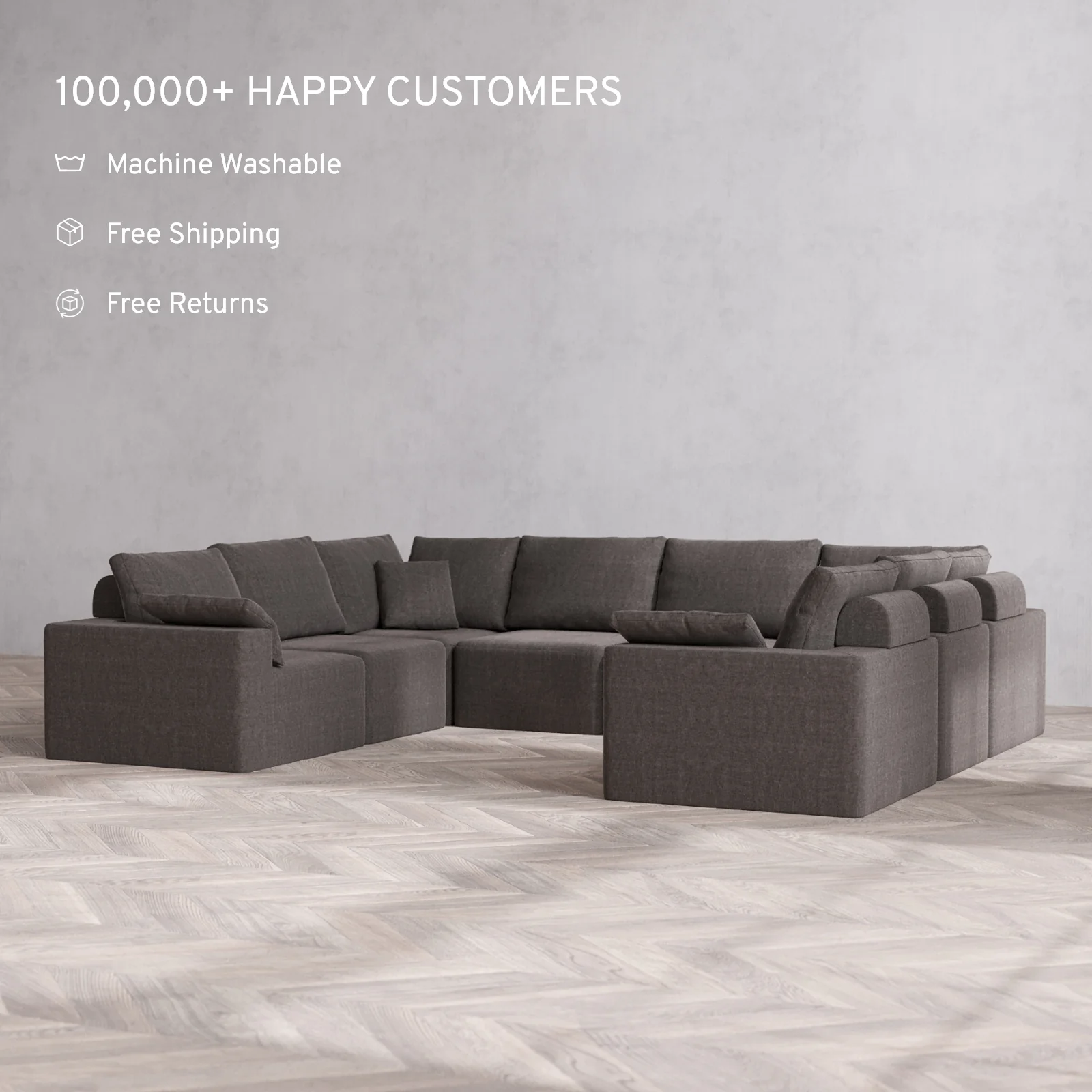 Modular Washable 8-Seater U Sectional Cloud + Bolster Sofa | Heirloom Velvet in Truffle - Image 2