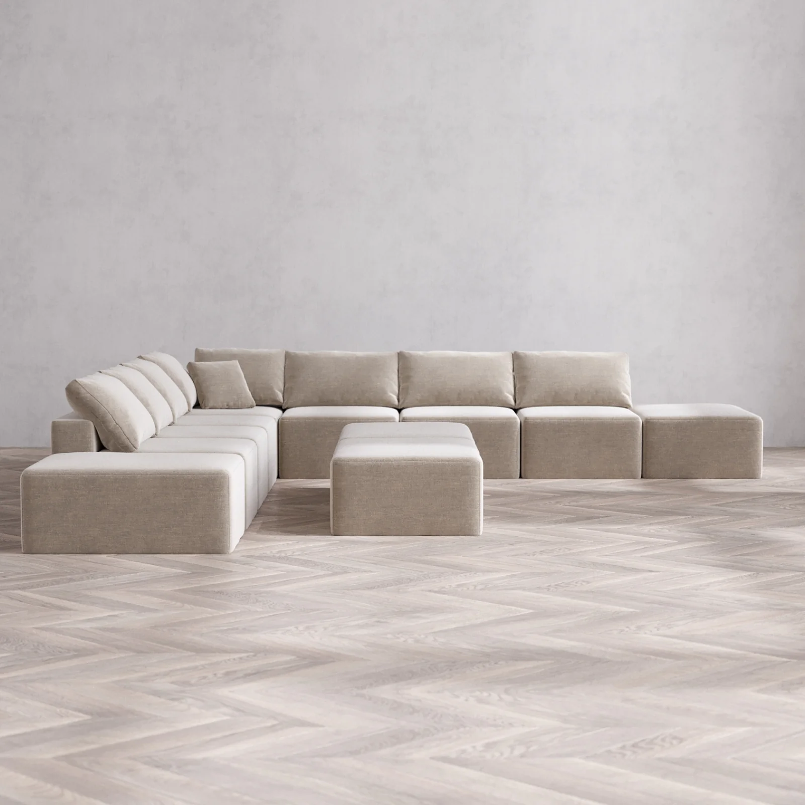 Modular Washable 9-Seater Open-Ends Corner Sectional + Chaise Ottoman Bench Cloud Sofa | Satin Velvet in Caraway