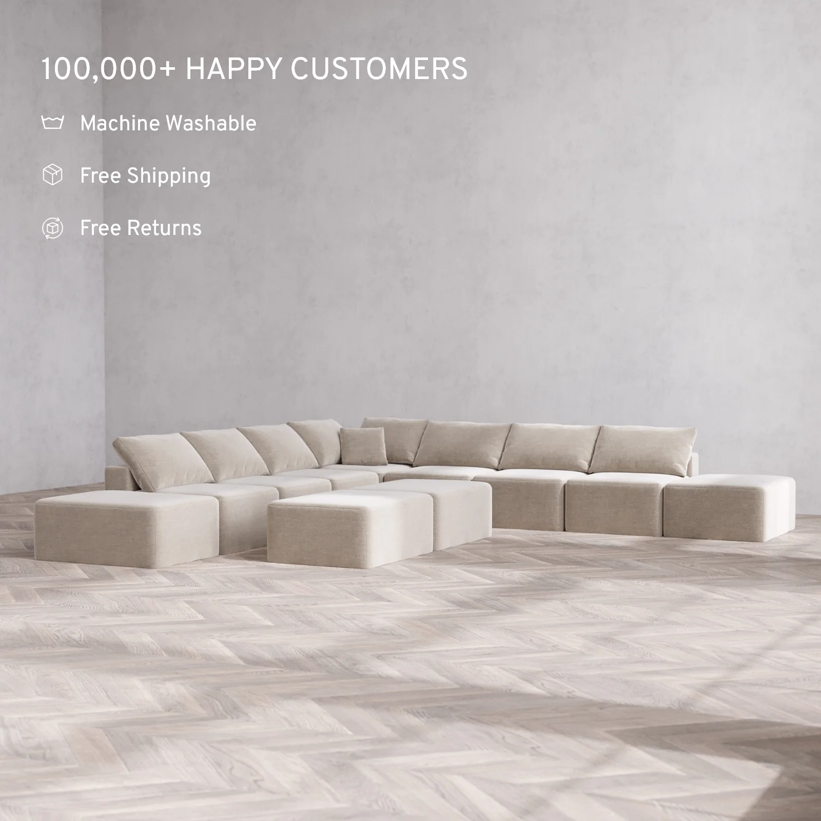 Modular Washable 9-Seater Open-Ends Corner Sectional + Chaise Ottoman Bench Cloud Sofa | Satin Velvet in Caraway - Image 2