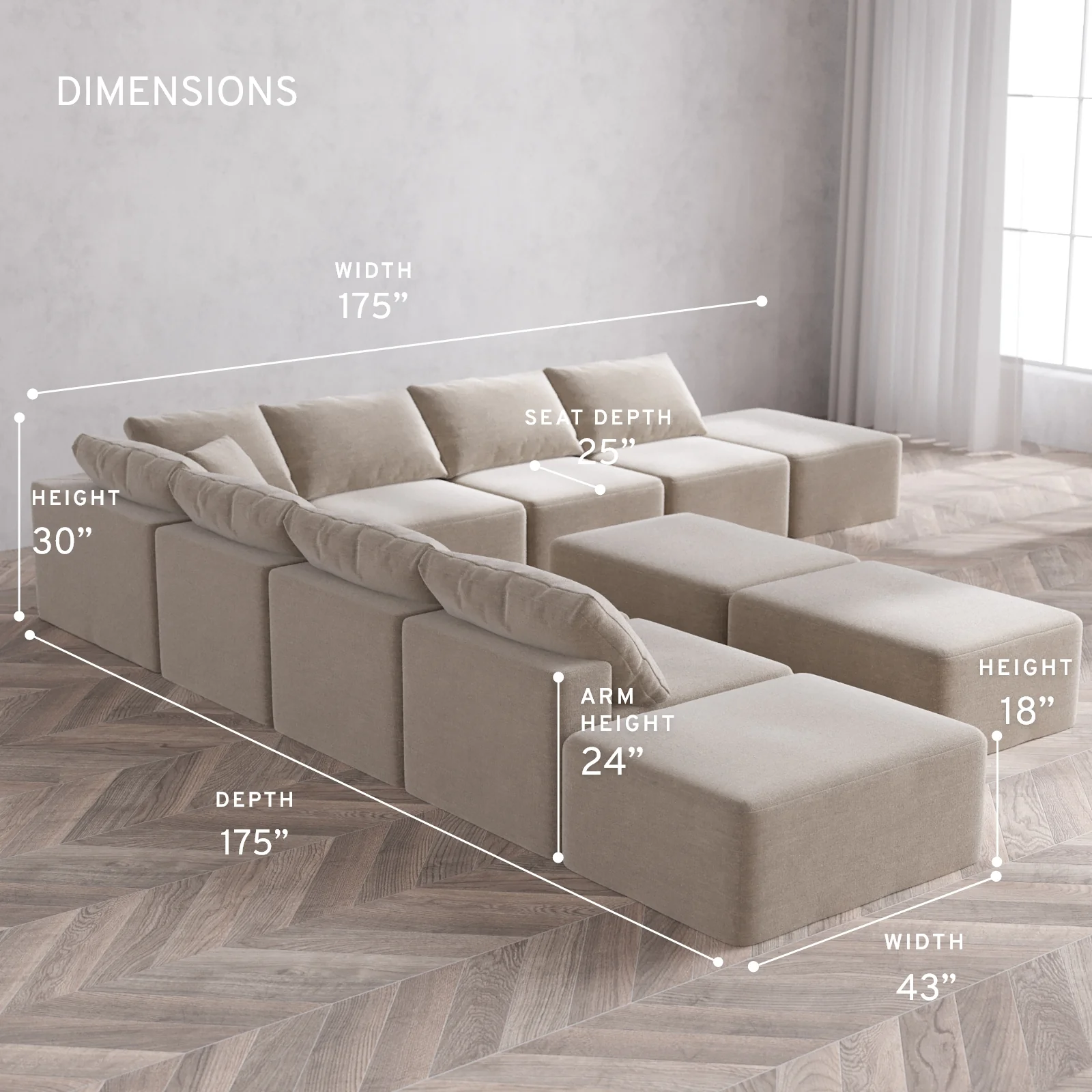 Modular Washable 9-Seater Open-Ends Corner Sectional + Chaise Ottoman Bench Cloud Sofa | Satin Velvet in Caraway - Image 5