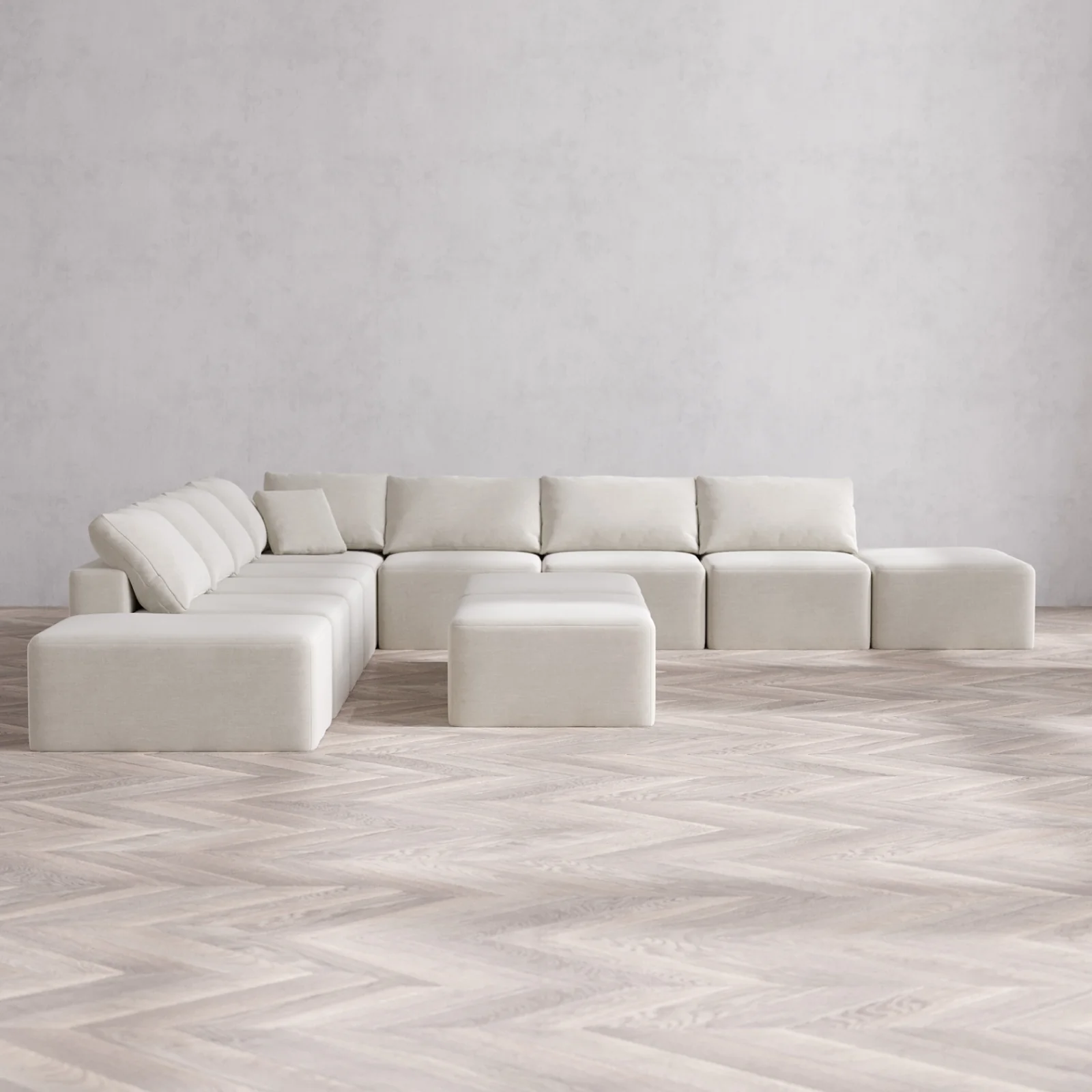 Modular Washable 9-Seater Open-Ends Corner Sectional + Chaise Ottoman Bench Cloud Sofa | Satin Velvet in Cashew