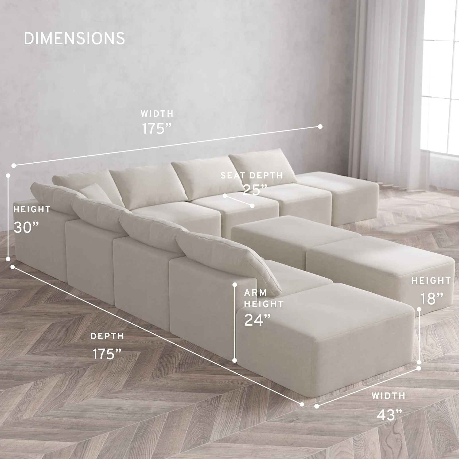 Modular Washable 9-Seater Open-Ends Corner Sectional + Chaise Ottoman Bench Cloud Sofa | Satin Velvet in Cashew - Image 5