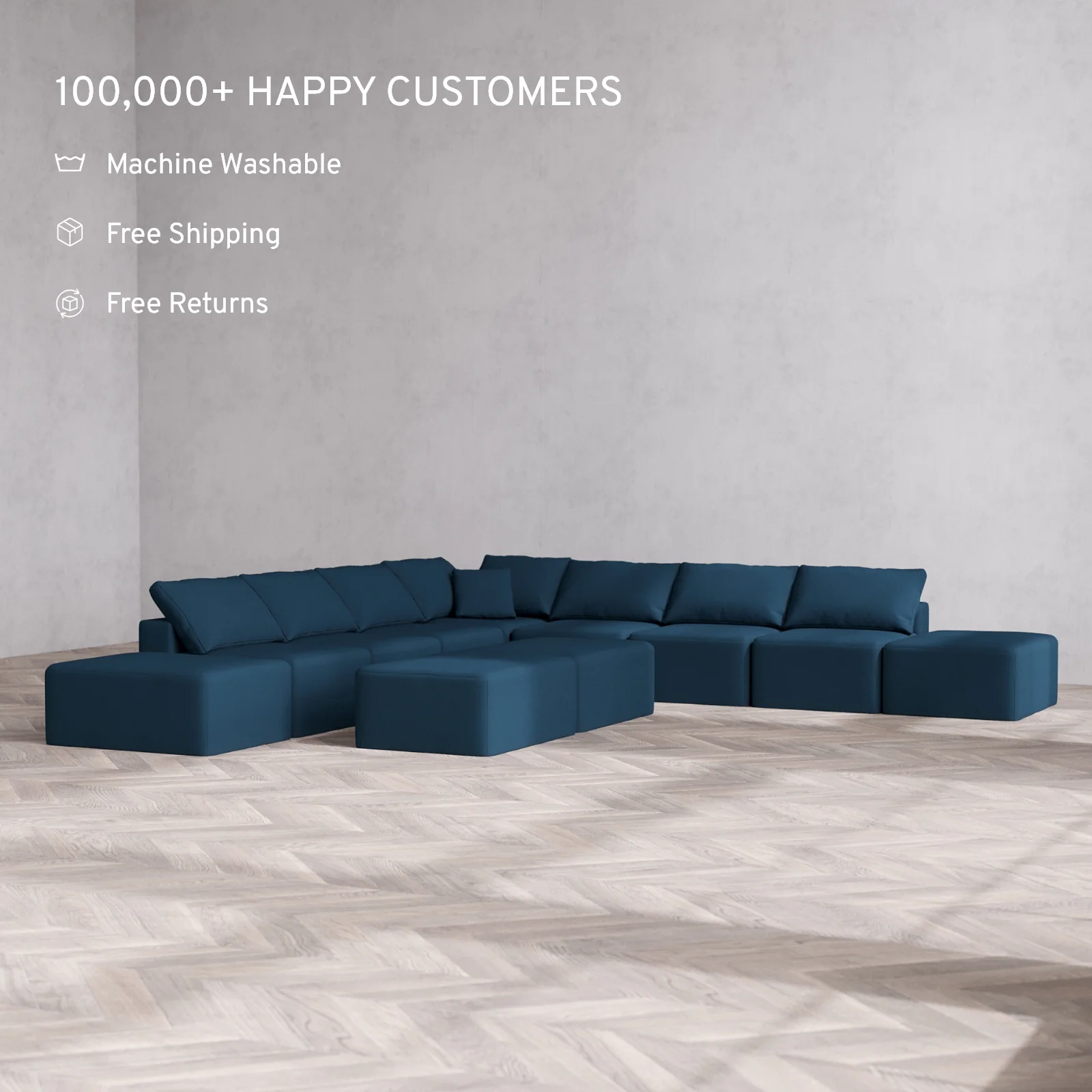 Modular Washable 9-Seater Open-Ends Corner Sectional + Chaise Ottoman Bench Cloud Sofa | Arden Weave in Lazuli - Image 2