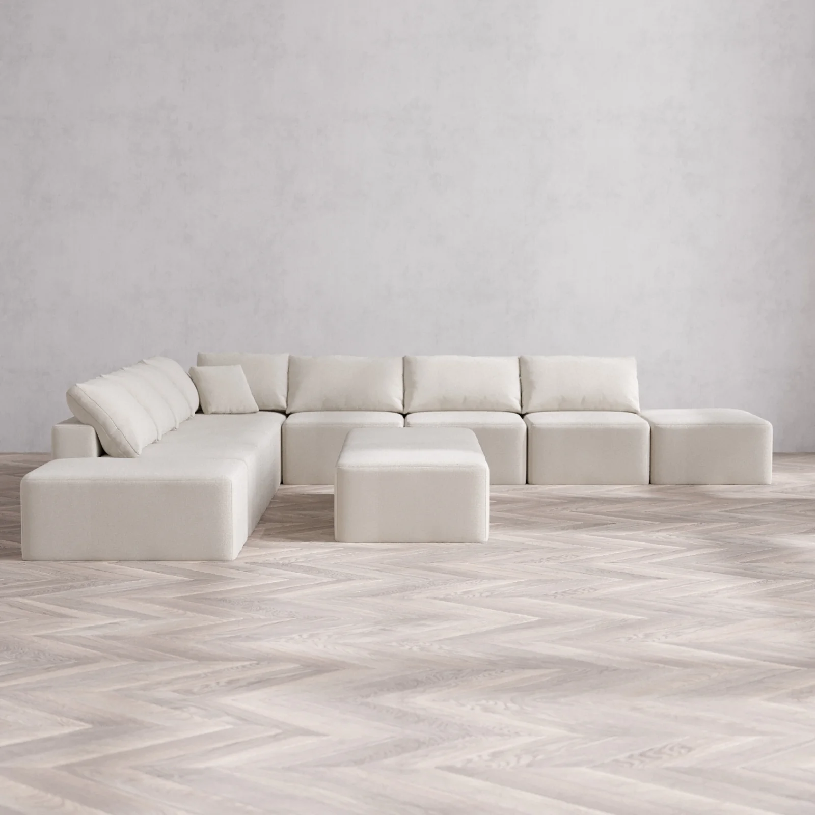 Modular Washable 9-Seater Open-Ends Corner Sectional + Chaise Ottoman Bench Cloud Sofa | Lux Weave in Pearl