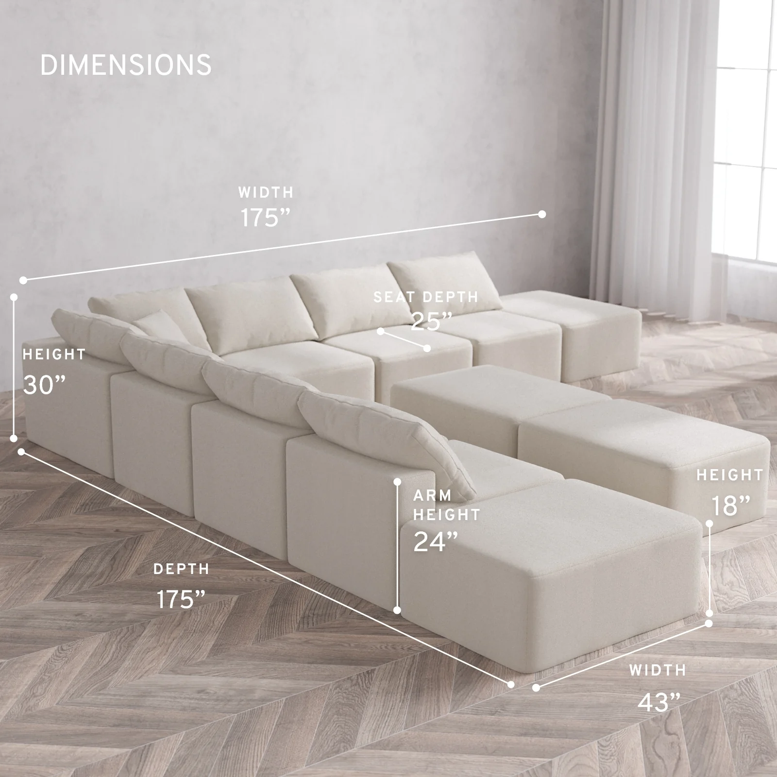 Modular Washable 9-Seater Open-Ends Corner Sectional + Chaise Ottoman Bench Cloud Sofa | Lux Weave in Pearl - Image 5