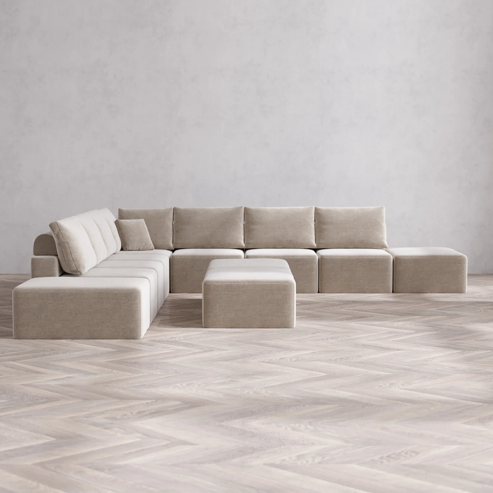 Modular Washable 9-Seater Open-Ends Corner Sectional + Chaise Ottoman Bench Cloud + Bolster Sofa | Satin Velvet in Caraway