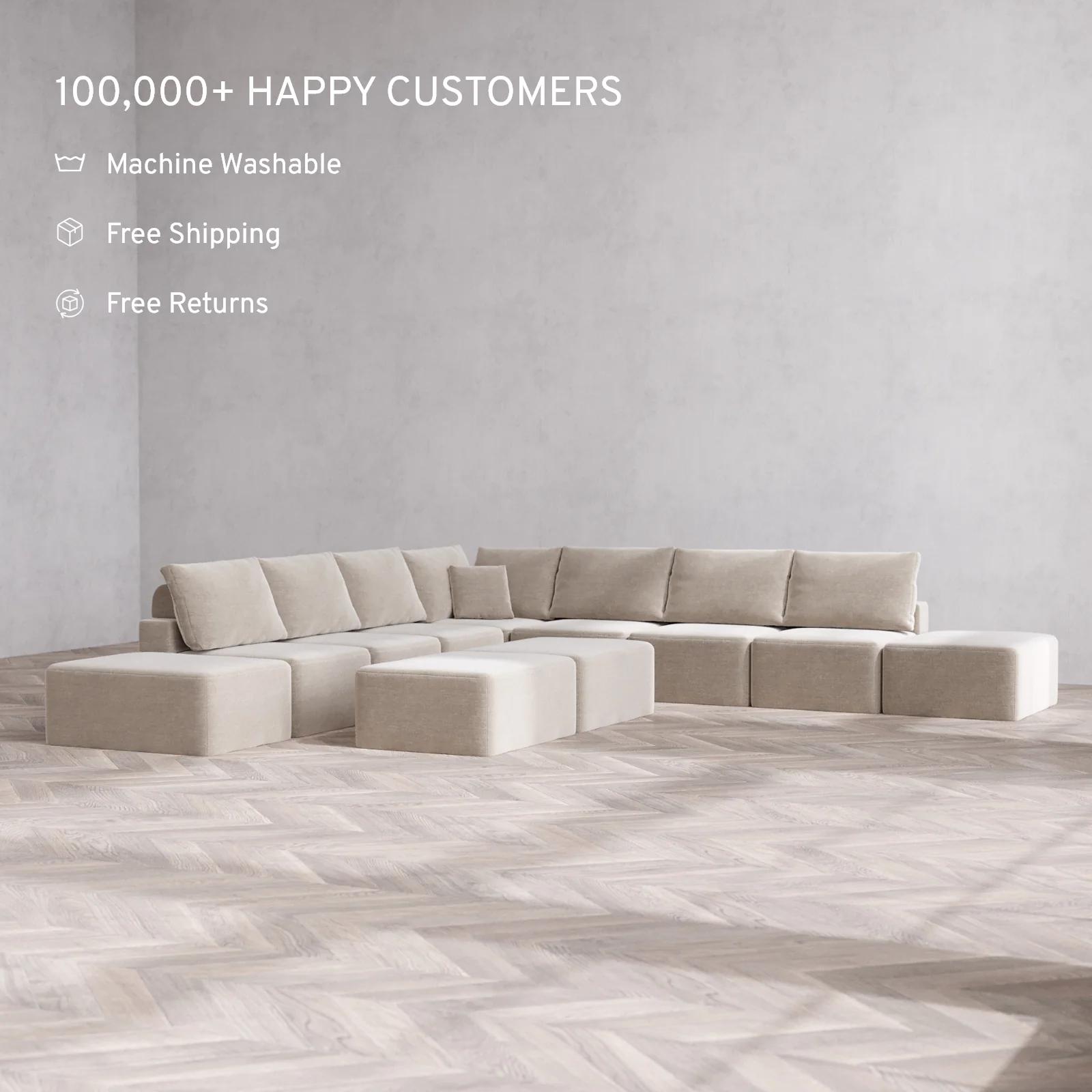 Modular Washable 9-Seater Open-Ends Corner Sectional + Chaise Ottoman Bench Cloud + Bolster Sofa | Satin Velvet in Caraway - Image 2