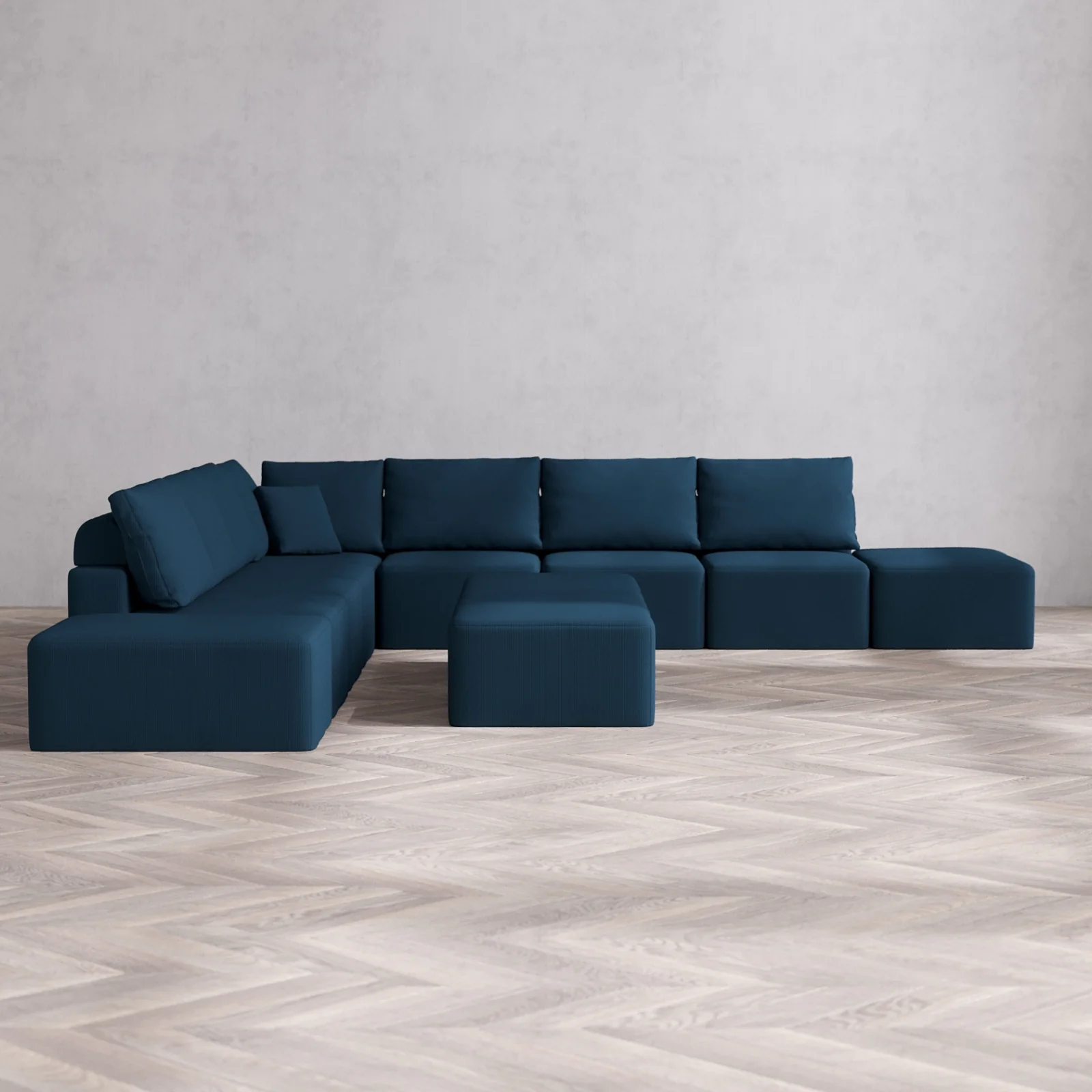 Modular Washable 9-Seater Open-Ends Corner Sectional + Chaise Ottoman Bench Cloud + Bolster Sofa | Arden Weave in Lazuli