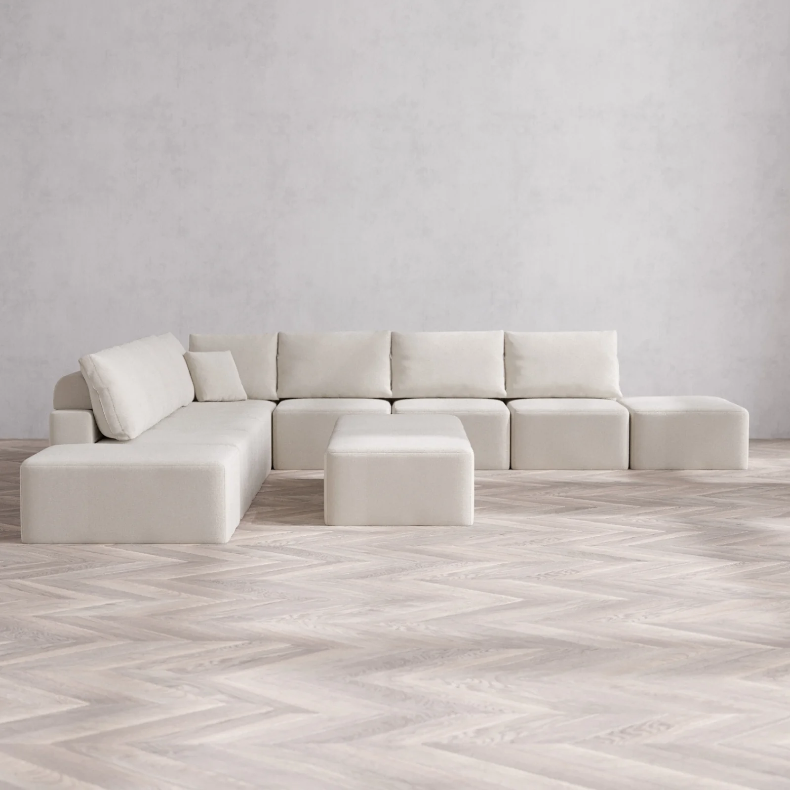 Modular Washable 9-Seater Open-Ends Corner Sectional + Chaise Ottoman Bench Cloud + Bolster Sofa | Lux Weave in Pearl