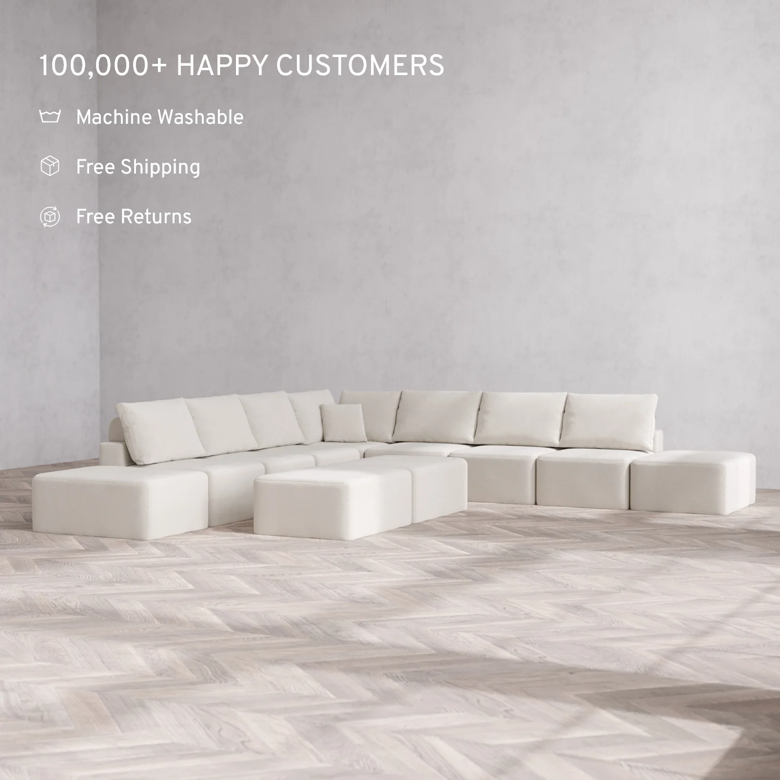 Modular Washable 9-Seater Open-Ends Corner Sectional + Chaise Ottoman Bench Cloud + Bolster Sofa | Lux Weave in Pearl - Image 2
