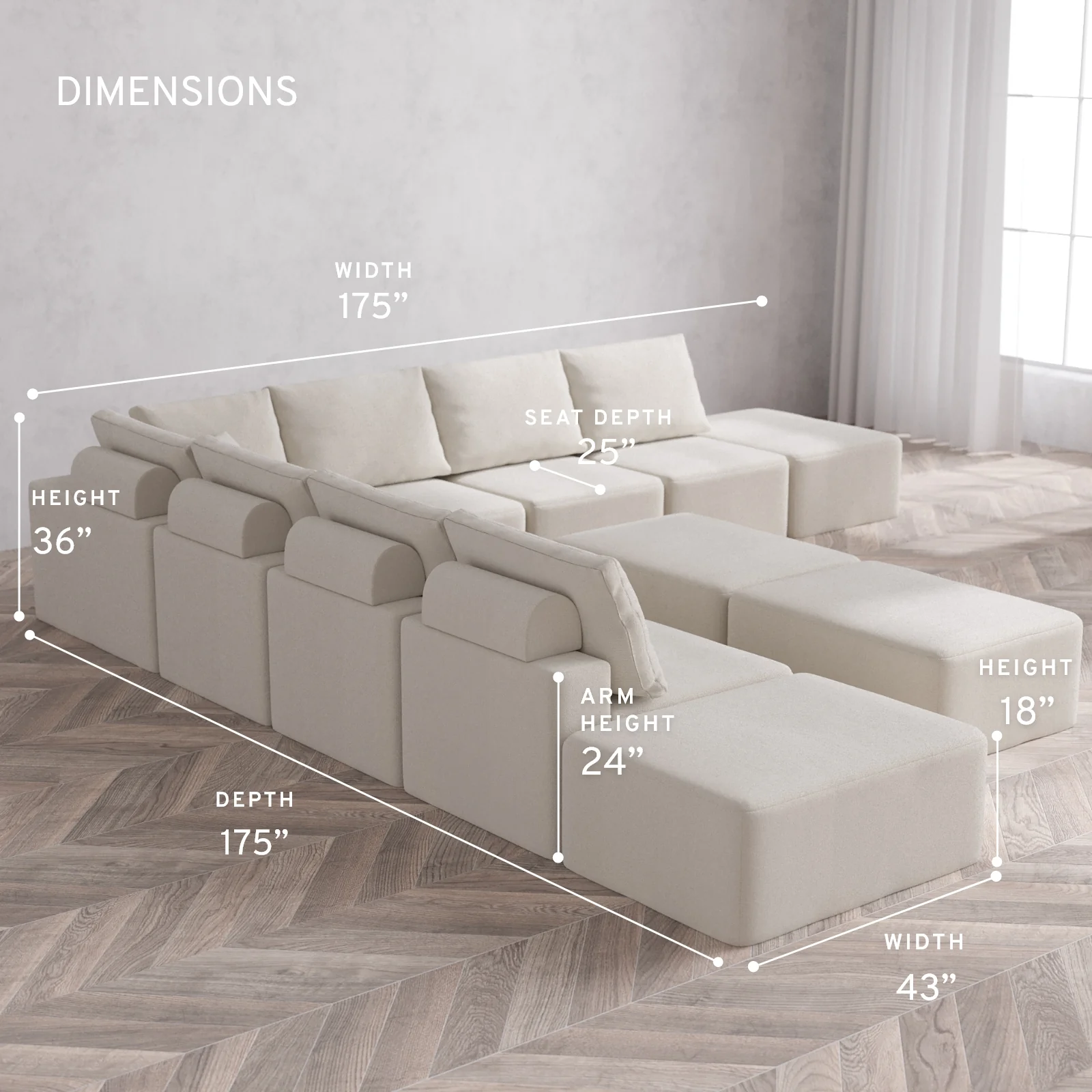 Modular Washable 9-Seater Open-Ends Corner Sectional + Chaise Ottoman Bench Cloud + Bolster Sofa | Lux Weave in Pearl - Image 5