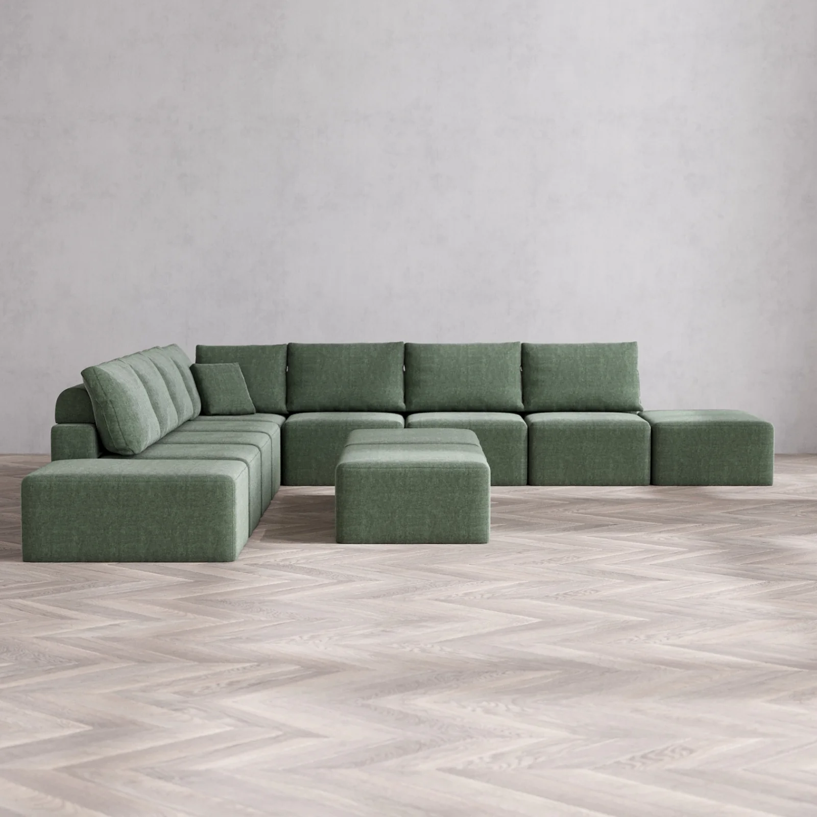 Modular Washable 9-Seater Open-Ends Corner Sectional + Chaise Ottoman Bench Cloud + Bolster Sofa | Heirloom Velvet in Sage