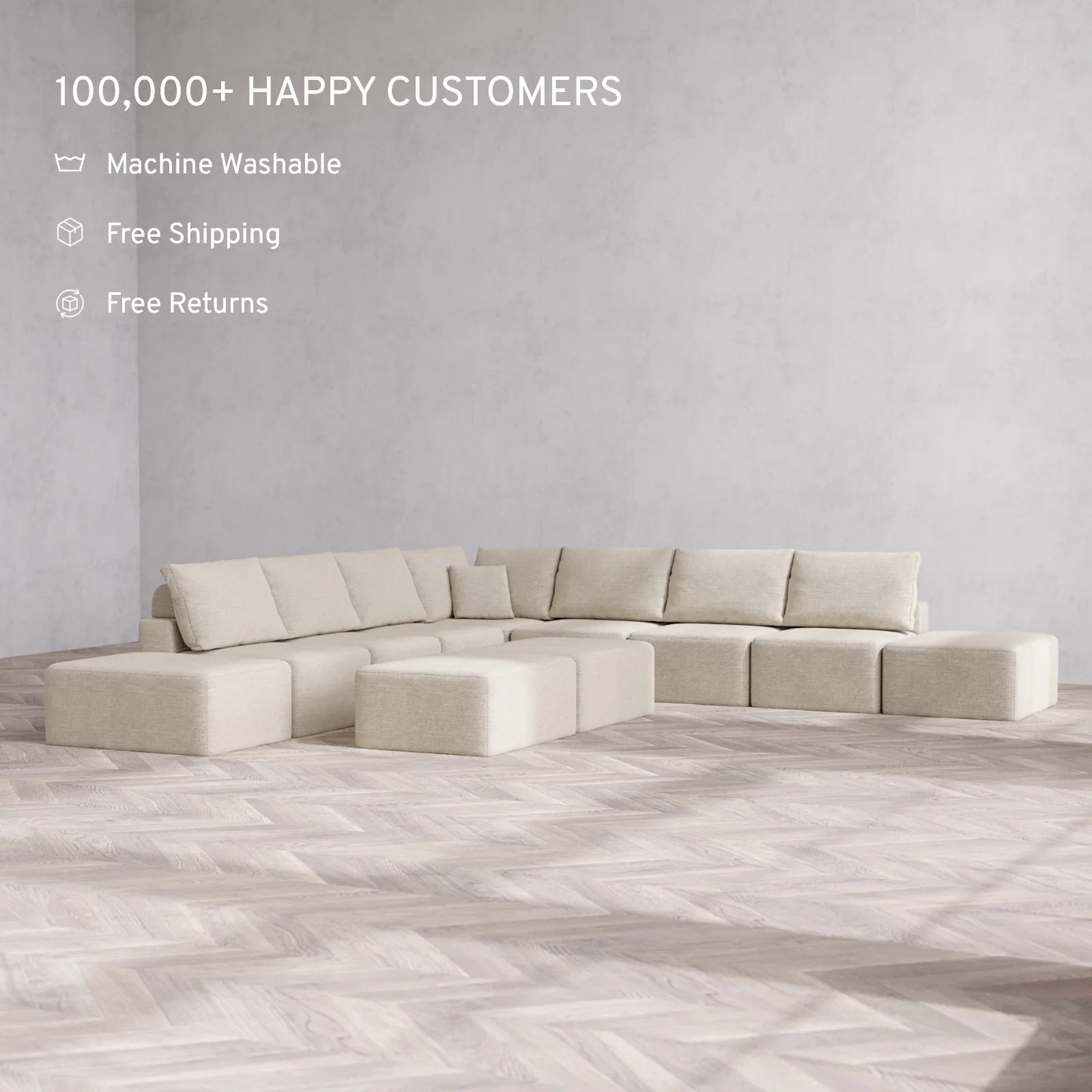 Modular Washable 9-Seater Open-Ends Corner Sectional + Chaise Ottoman Bench Cloud + Bolster Sofa | Plush Twill in Sandstone - Image 2