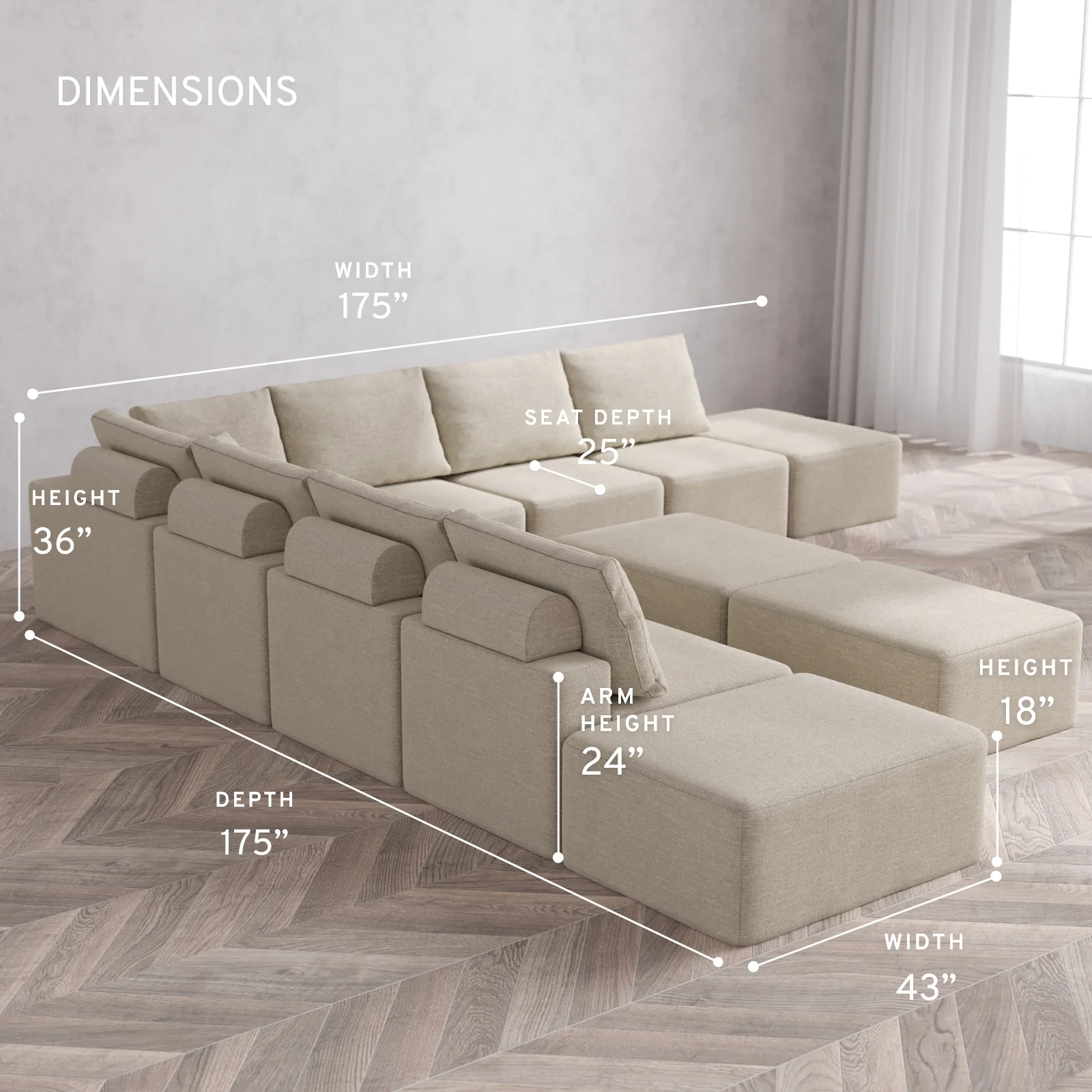 Modular Washable 9-Seater Open-Ends Corner Sectional + Chaise Ottoman Bench Cloud + Bolster Sofa | Plush Twill in Sandstone - Image 5